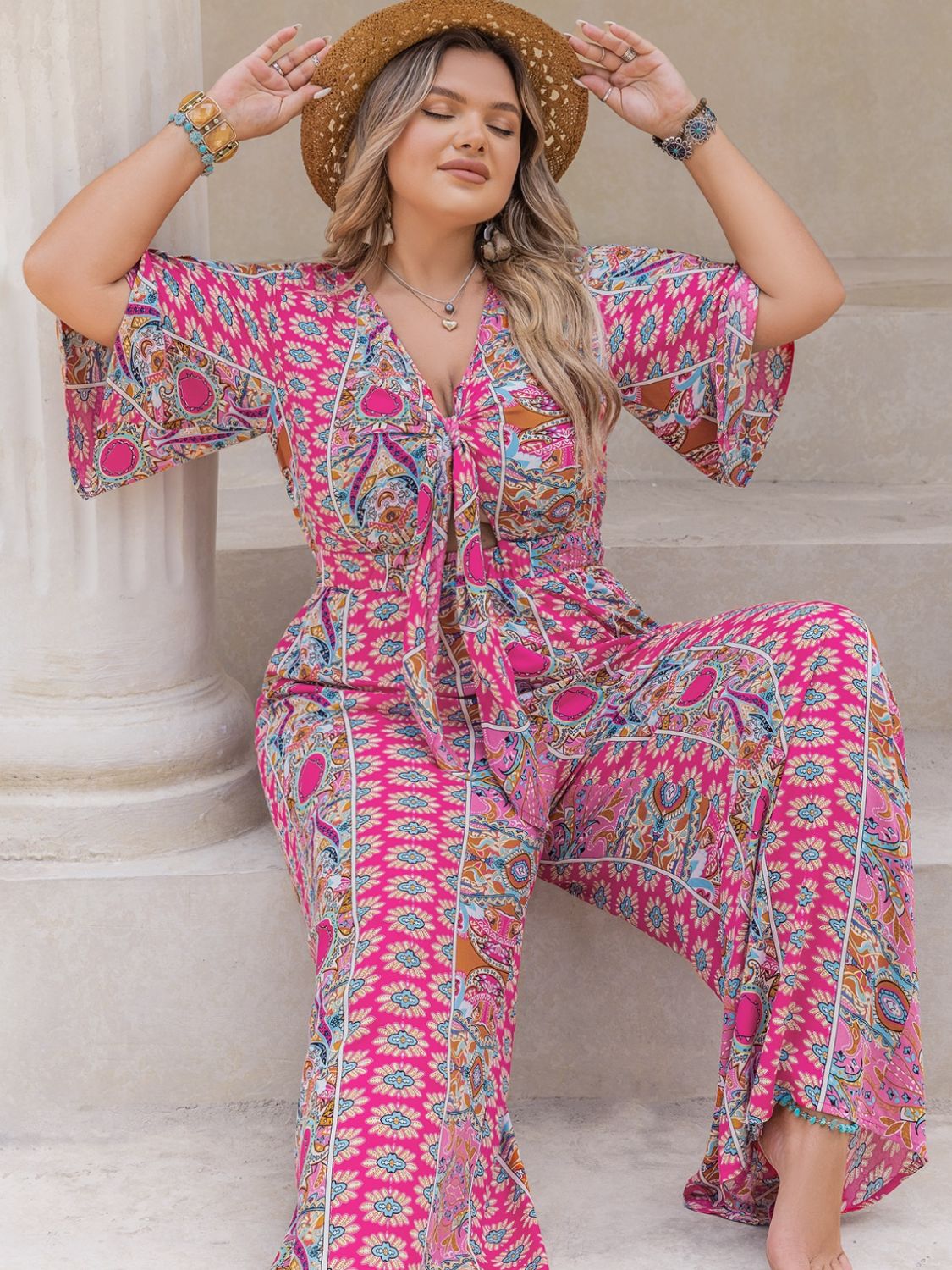 Blue Zone Planet | Plus Size Printed Half Sleeve Wide Leg Jumpsuit-TOPS / DRESSES-[Adult]-[Female]-2022 Online Blue Zone Planet