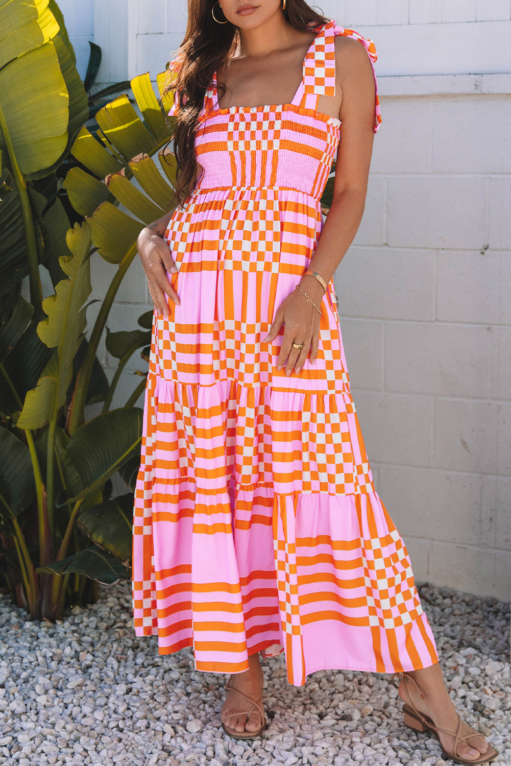 Pink Boho Gingham Tied Straps Smocked Maxi Dress-Dresses/Maxi Dresses-[Adult]-[Female]-2022 Online Blue Zone Planet