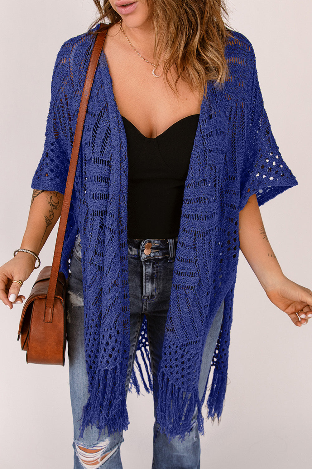 Blue Zone Planet | Openwork Open Front Cardigan with Fringes-TOPS / DRESSES-[Adult]-[Female]-2022 Online Blue Zone Planet