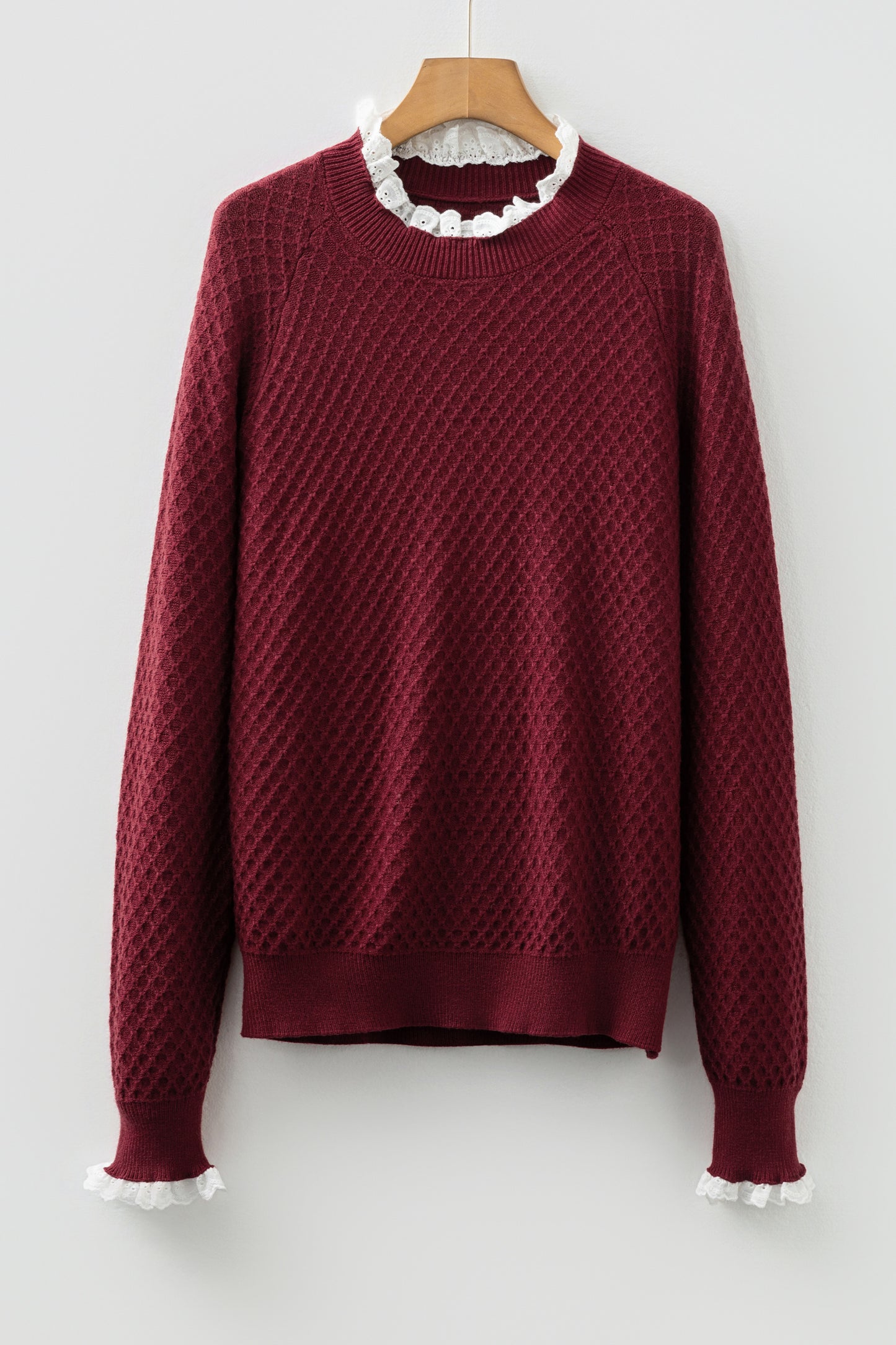 Burgundy Contrast Lace Frilled Trim Raglan Sleeve Sweater-TOPS / DRESSES-[Adult]-[Female]-2022 Online Blue Zone Planet