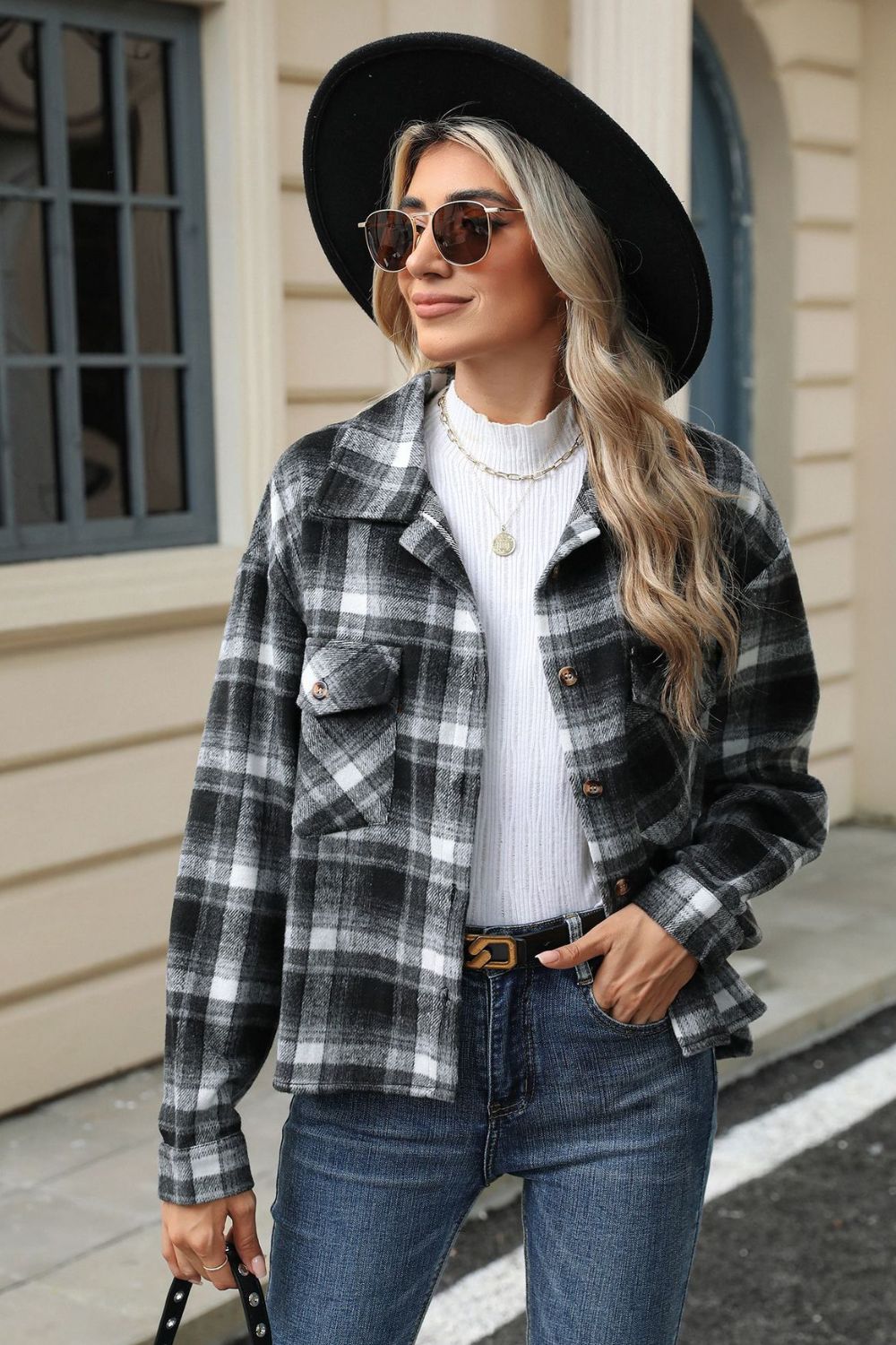 Pocketed Plaid Collared Neck Dropped Shoulder Jacket-TOPS / DRESSES-[Adult]-[Female]-Black-S-2022 Online Blue Zone Planet