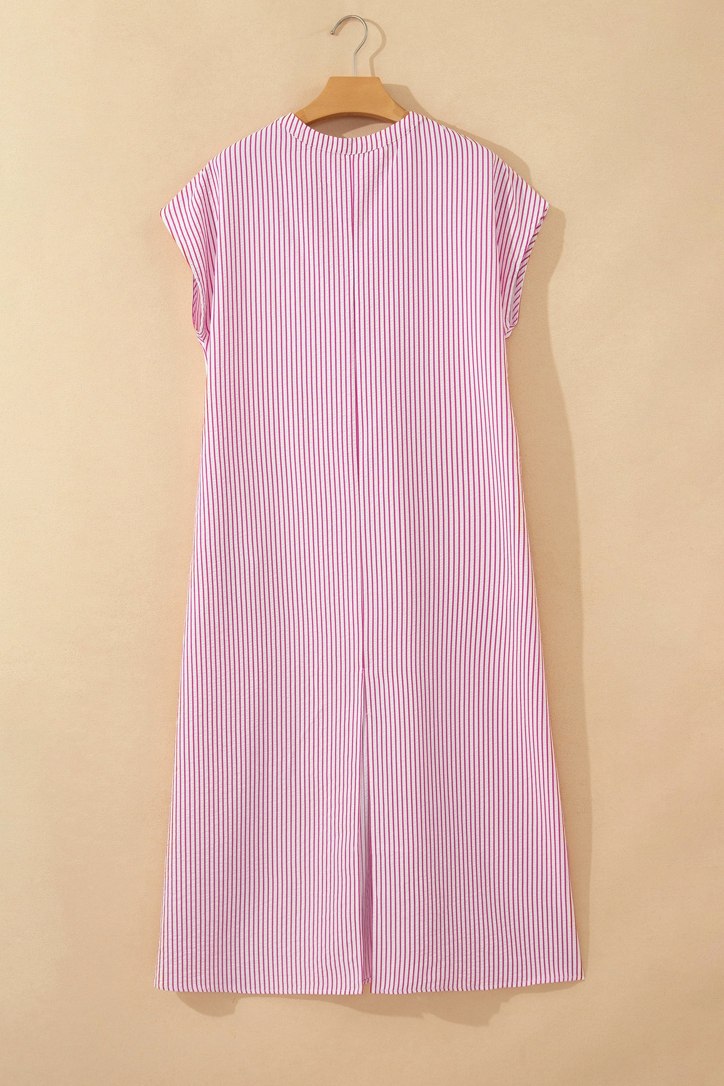Red Stripe Frilled Detail Half Buttons Short Sleeve Long Dress-TOPS / DRESSES-[Adult]-[Female]-2022 Online Blue Zone Planet