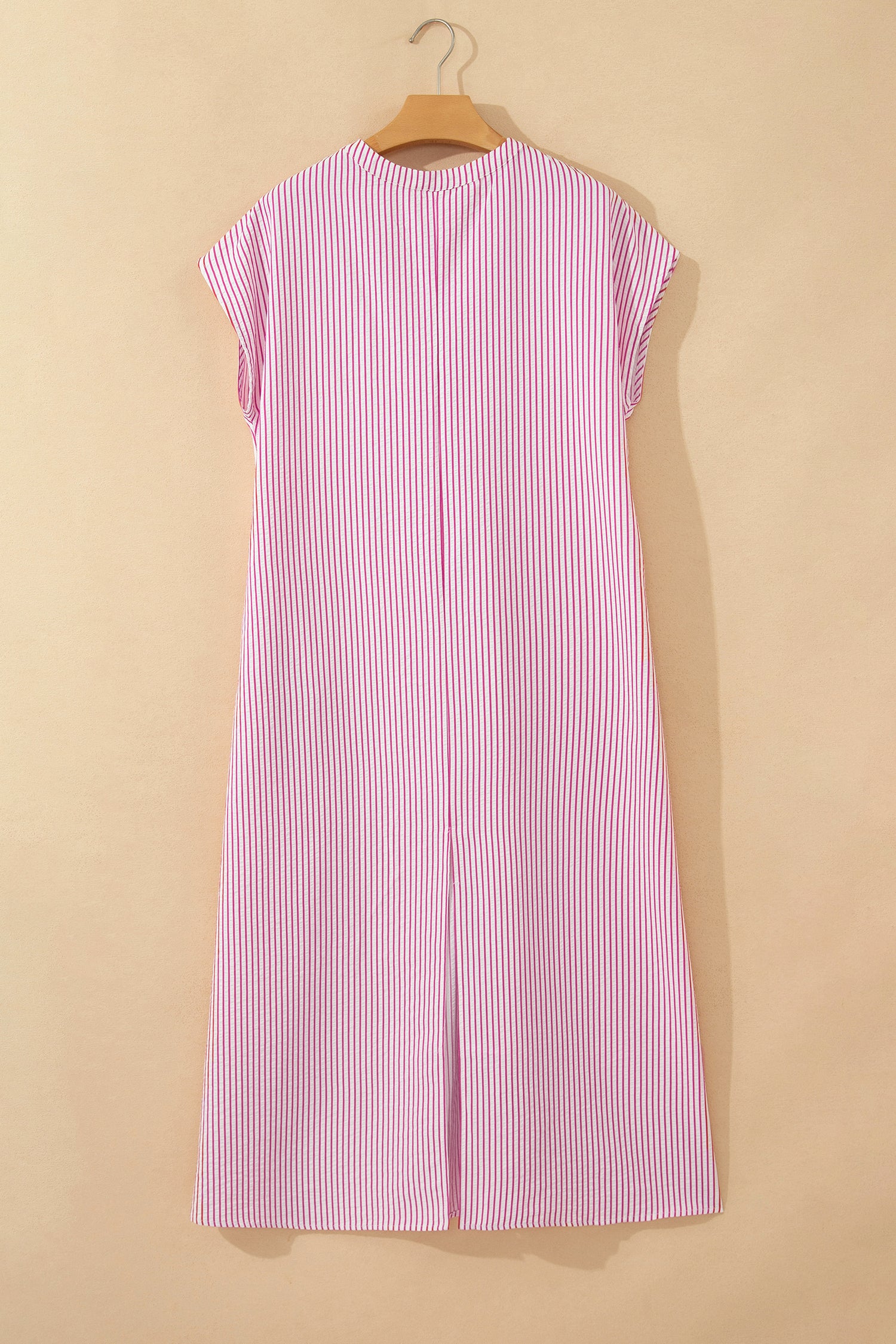 Red Stripe Frilled Detail Half Buttons Short Sleeve Long Dress-TOPS / DRESSES-[Adult]-[Female]-2022 Online Blue Zone Planet