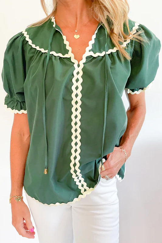 Mist Green Ric Rac Trim Tie Split Neck Short Sleeve Blouse-Tops/Blouses & Shirts-[Adult]-[Female]-Mist Green-S-2022 Online Blue Zone Planet