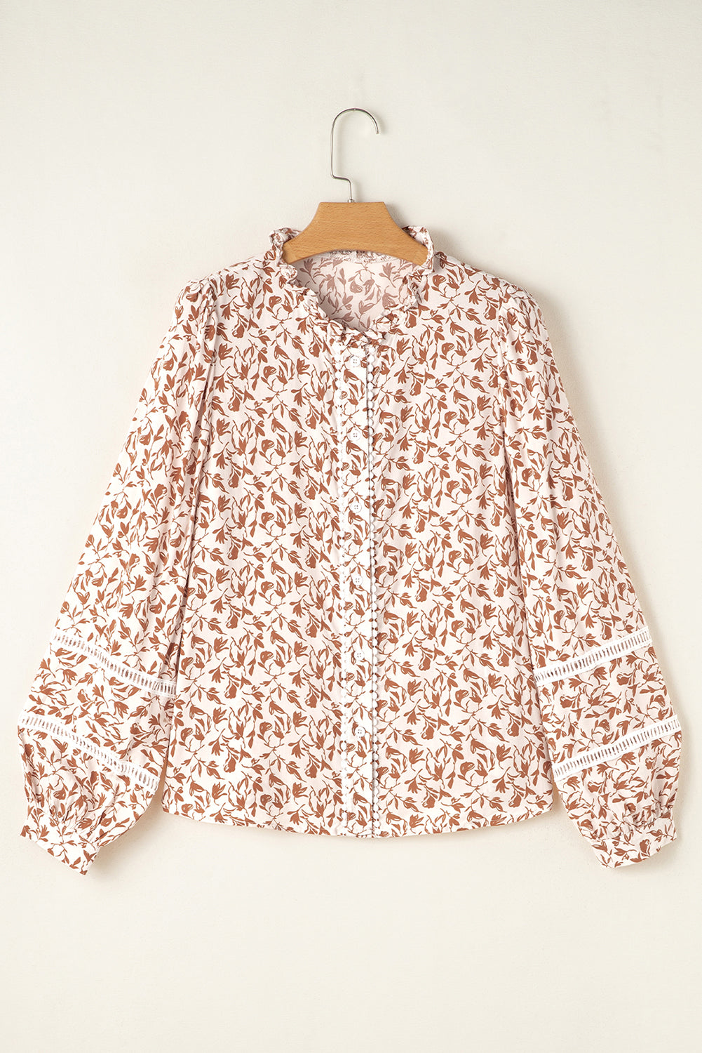 Yellow Printed Lace Detail Floral Puff Sleeve Fall Shirt-Tops/Blouses & Shirts-[Adult]-[Female]-2022 Online Blue Zone Planet