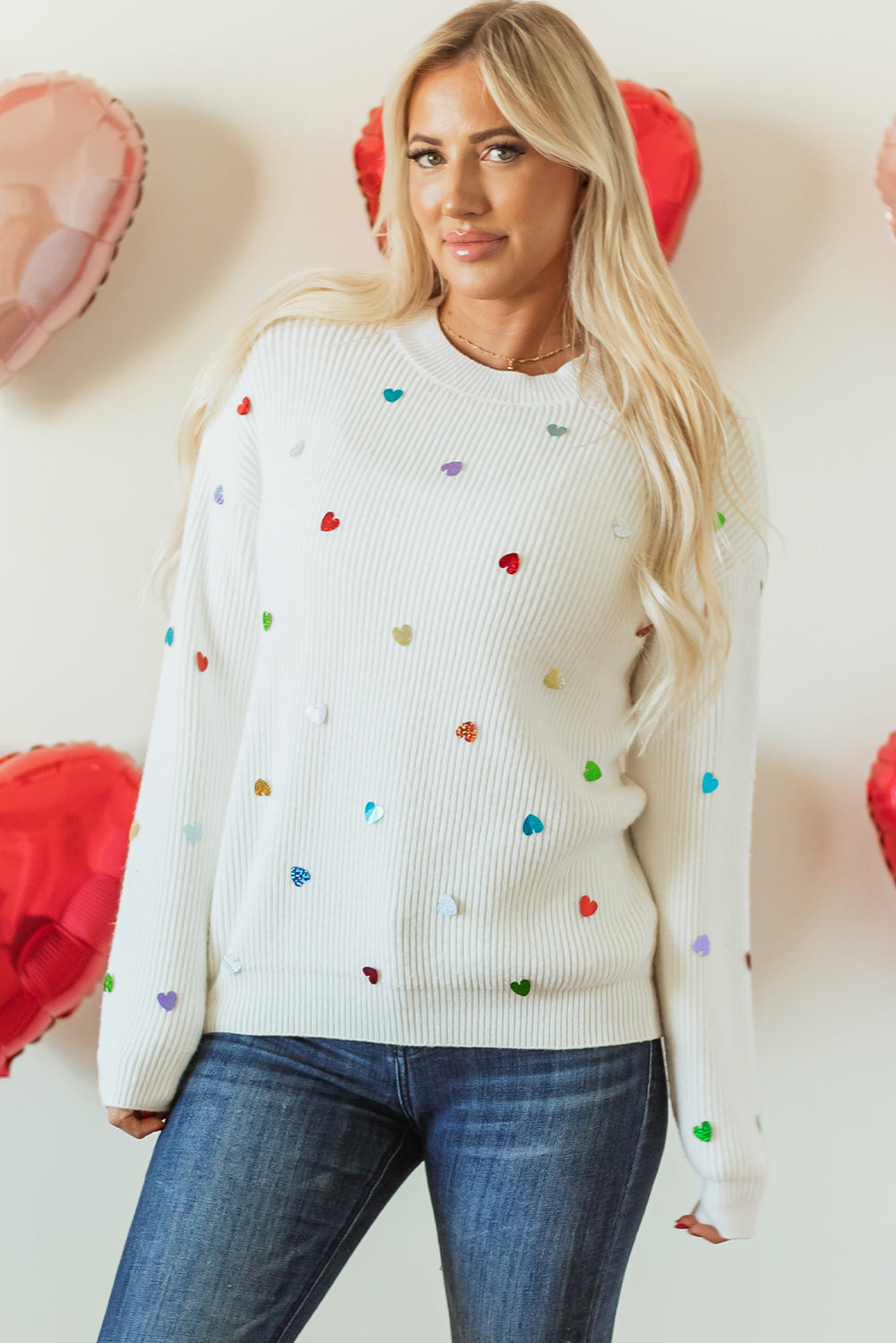 Blue Zone Planet | Beige Sequin Heart Shape Waffle Knit Round Neck Sweater-Sweaters & Cardigans/Sweaters-[Adult]-[Female]-2022 Online Blue Zone Planet