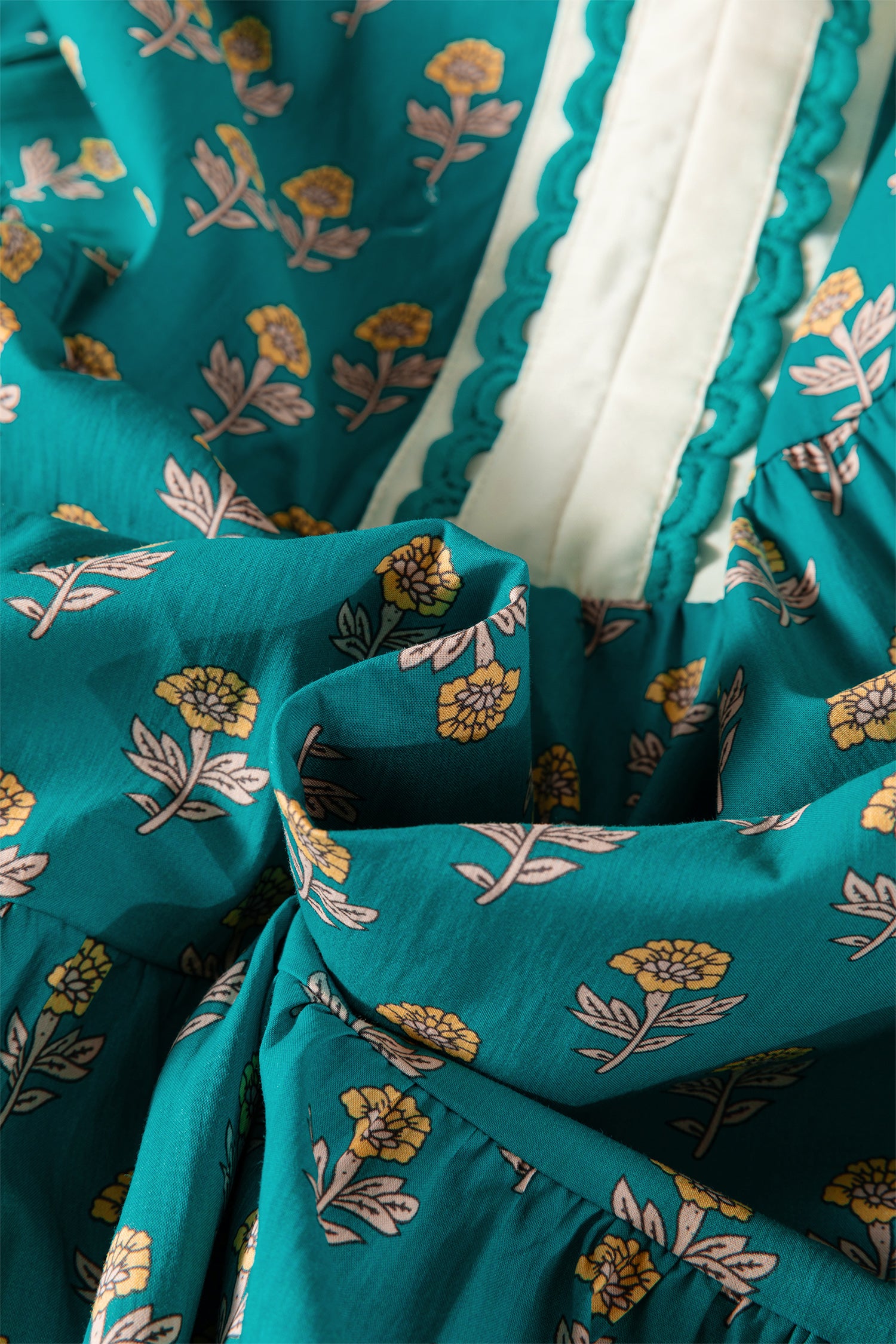 Green Contrast Trim V Neck Short Sleeve Floral Dress-TOPS / DRESSES-[Adult]-[Female]-2022 Online Blue Zone Planet