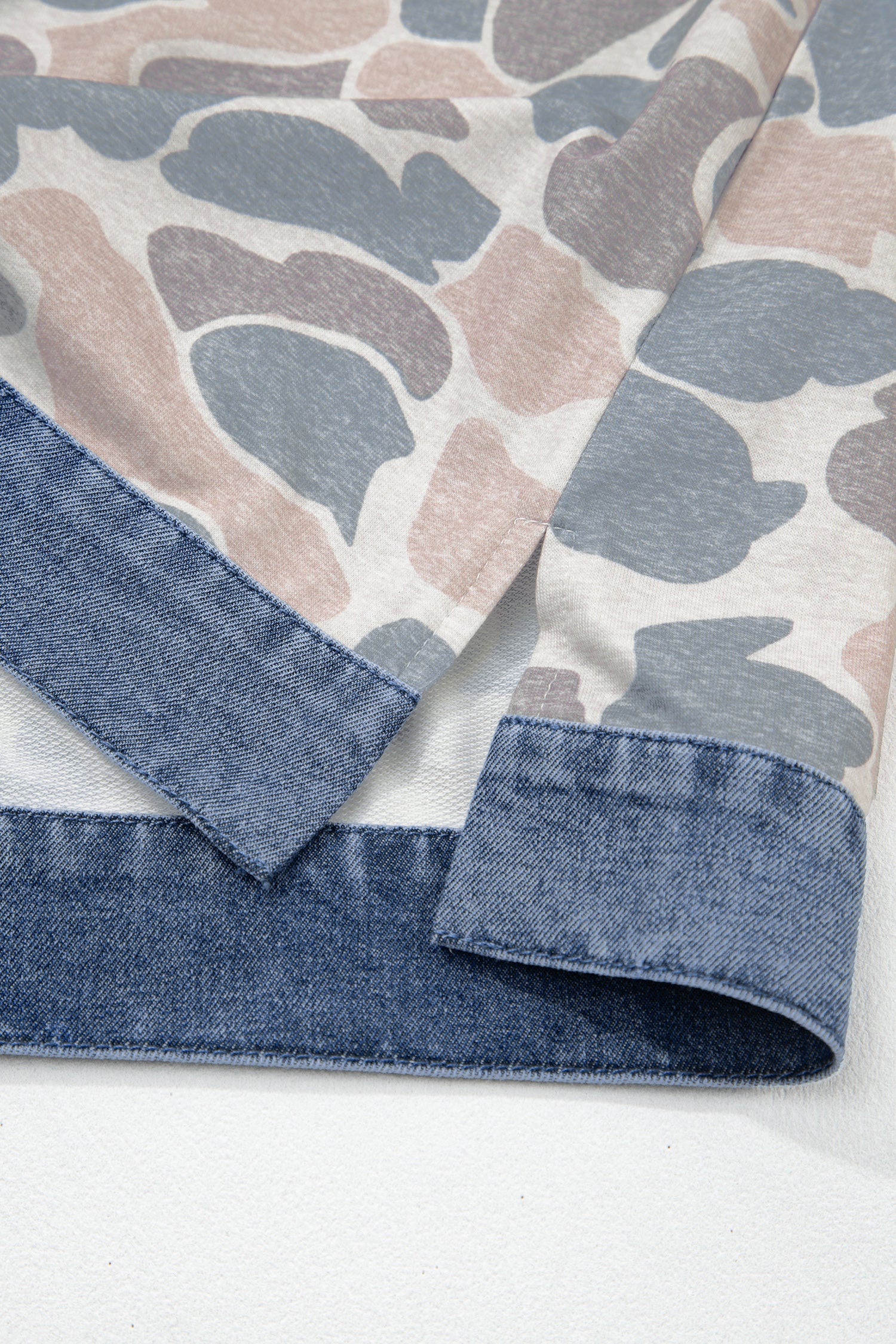 Multicolour Camouflage Print Denim Patchwork Polo Collar Tee-Tops/Tops & Tees-[Adult]-[Female]-2022 Online Blue Zone Planet