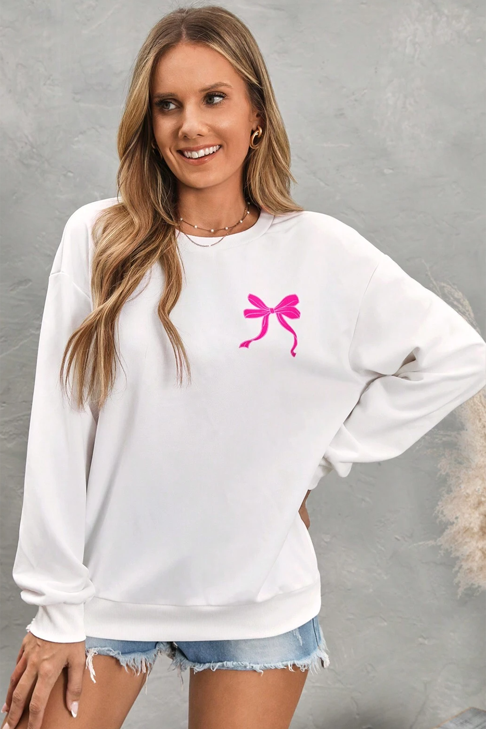 White Bow Graphic Casual Crewneck Sweatshirt-Graphic Sweatshirts-[Adult]-[Female]-2022 Online Blue Zone Planet