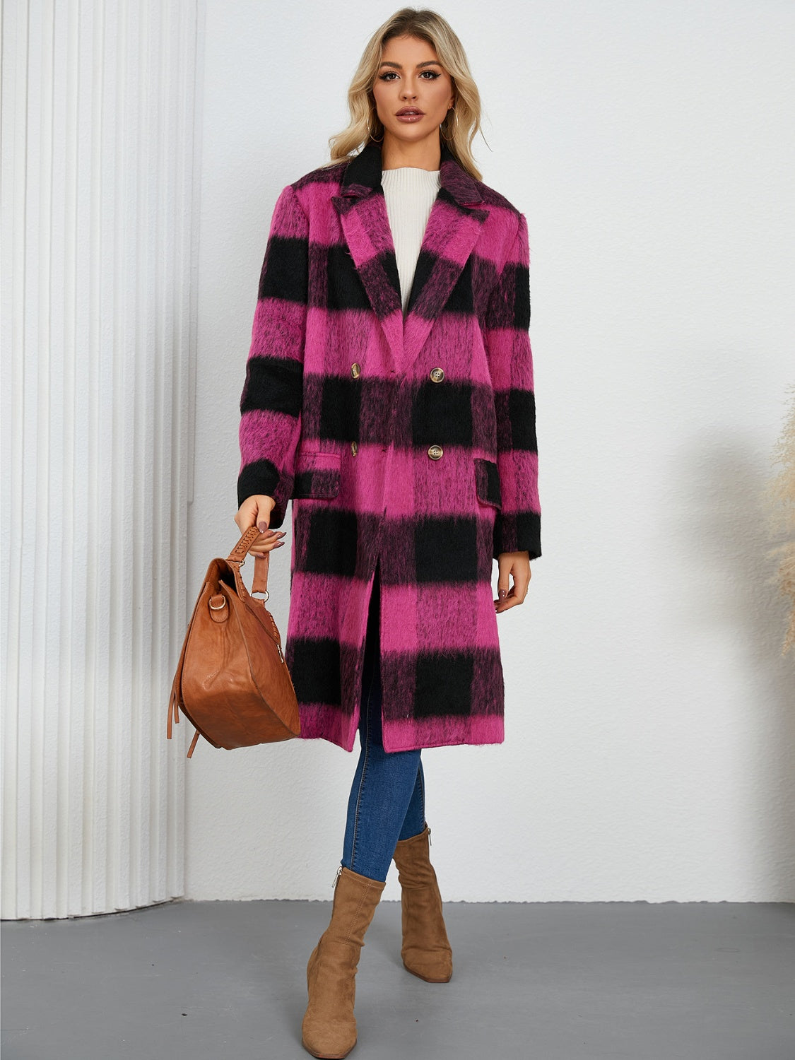 Blue Zone Planet | Plaid Double-Breasted Long Sleeve Coat-TOPS / DRESSES-[Adult]-[Female]-Hot Pink-S-2022 Online Blue Zone Planet