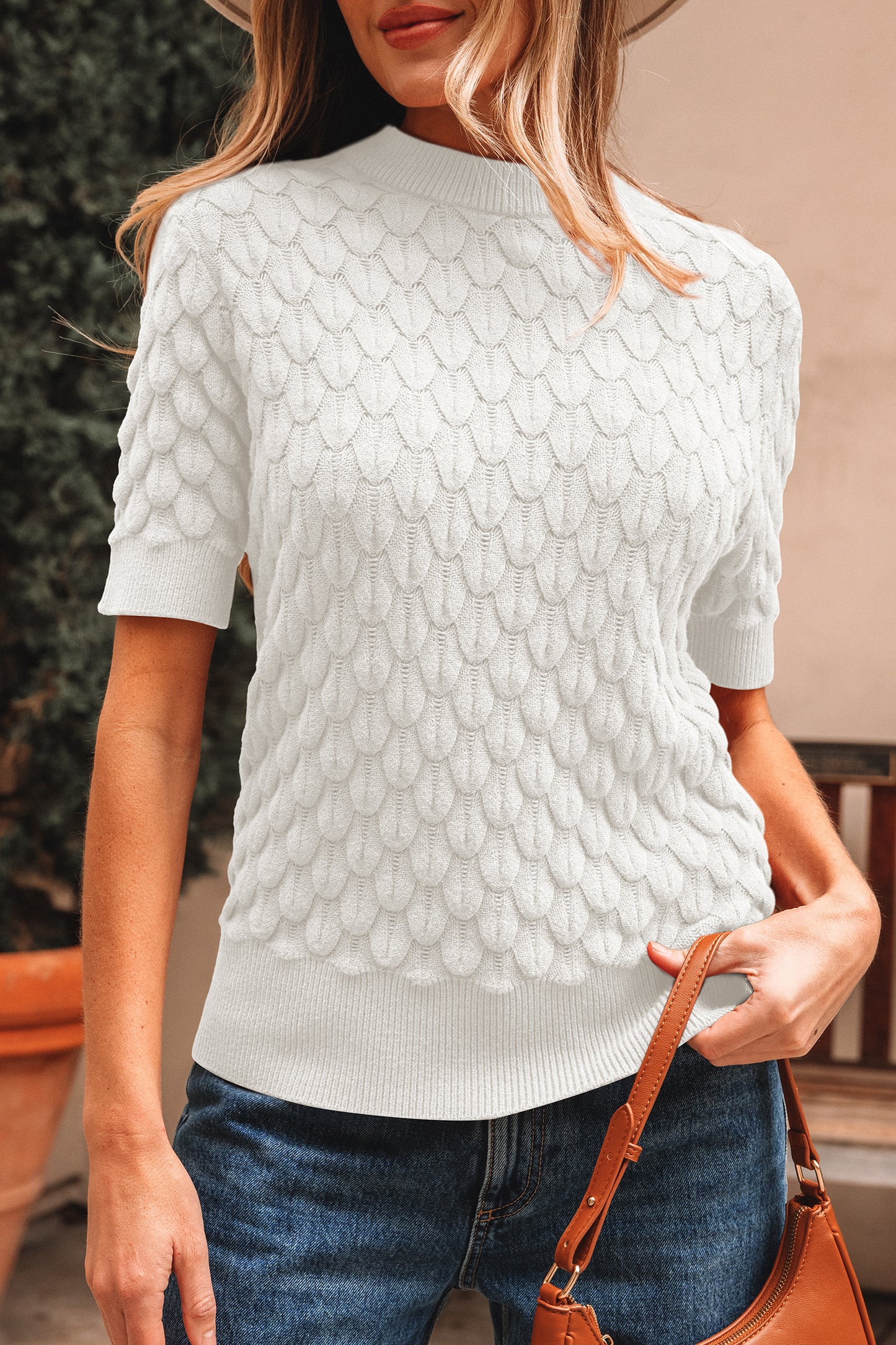 White Fish Scale Textured Knit Ribbed High Neck Short Sleeve Sweater-TOPS / DRESSES-[Adult]-[Female]-2022 Online Blue Zone Planet