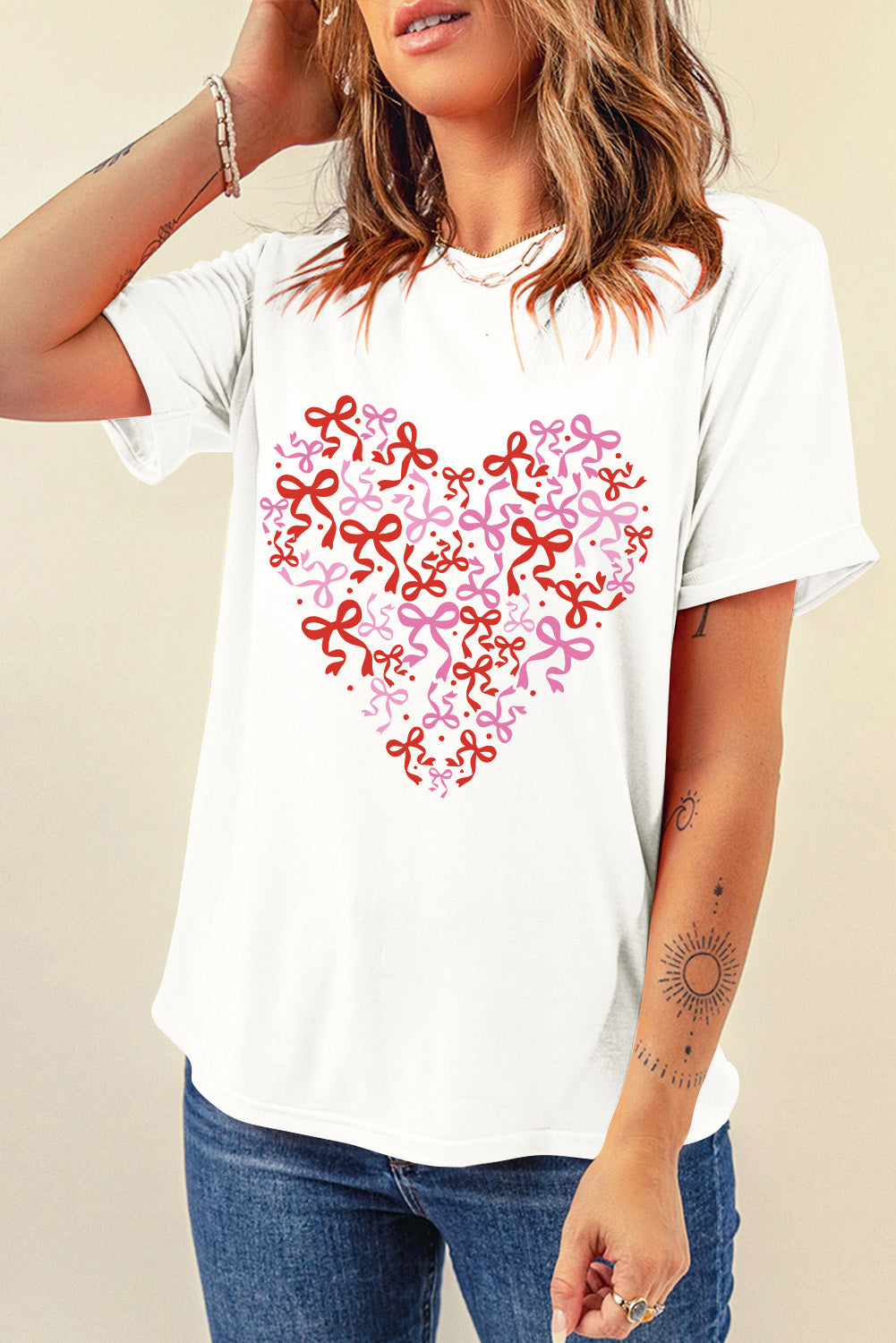 White Bowknot Heart Printed Crewneck Valentines Tee-Graphic Tees-[Adult]-[Female]-2022 Online Blue Zone Planet