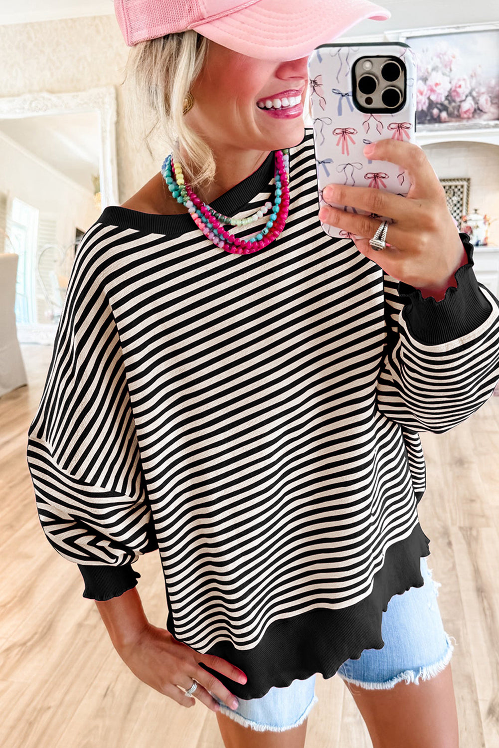 Blue Zone Planet | Pink Stripe Loose Drop Shoulder Long Sleeve Top-Tops/Long Sleeve Tops-[Adult]-[Female]-2022 Online Blue Zone Planet