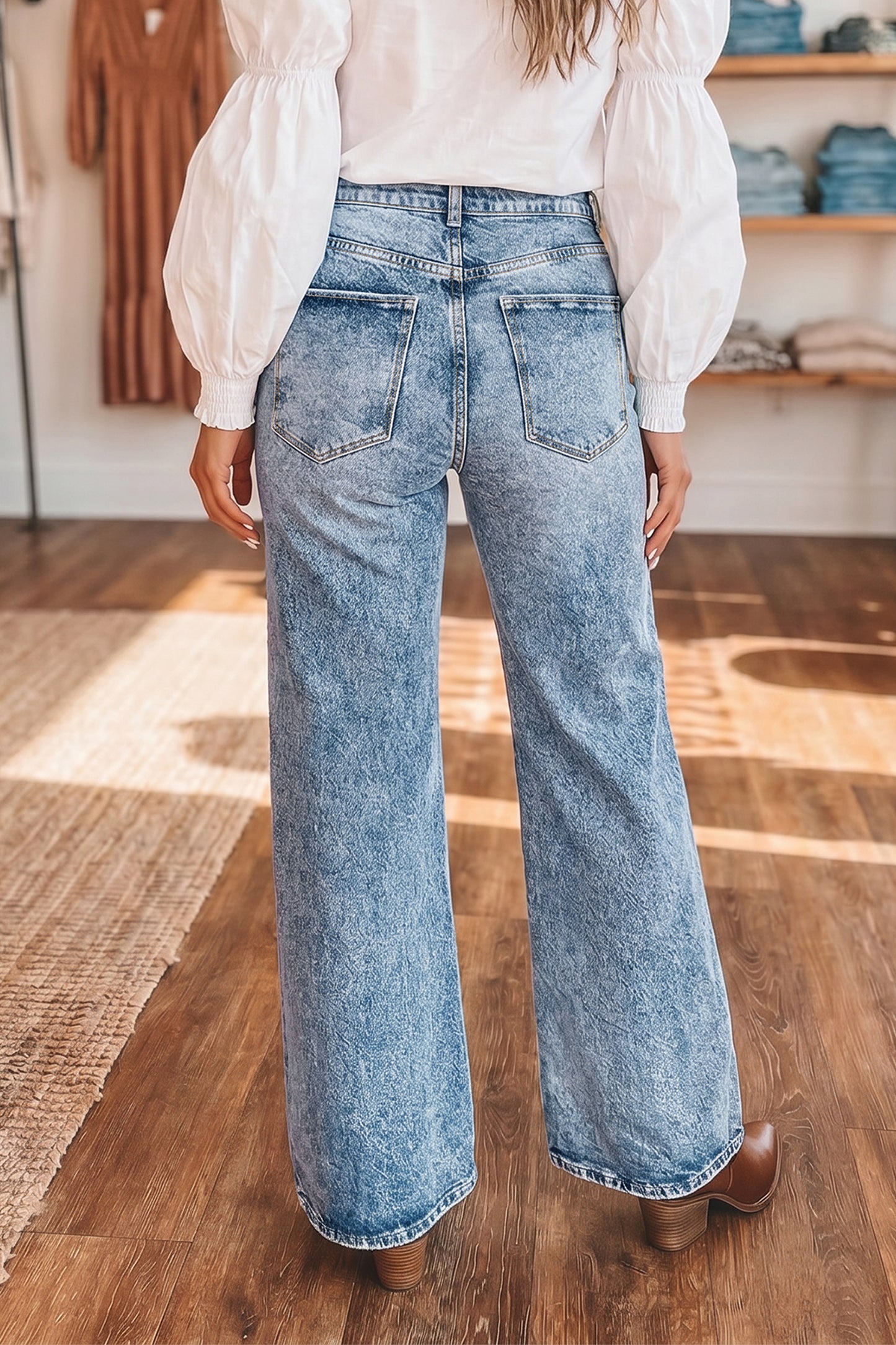 Beau Blue Acid Wash Pocket Detail Flare Jeans-Bottoms/Jeans-[Adult]-[Female]-2022 Online Blue Zone Planet