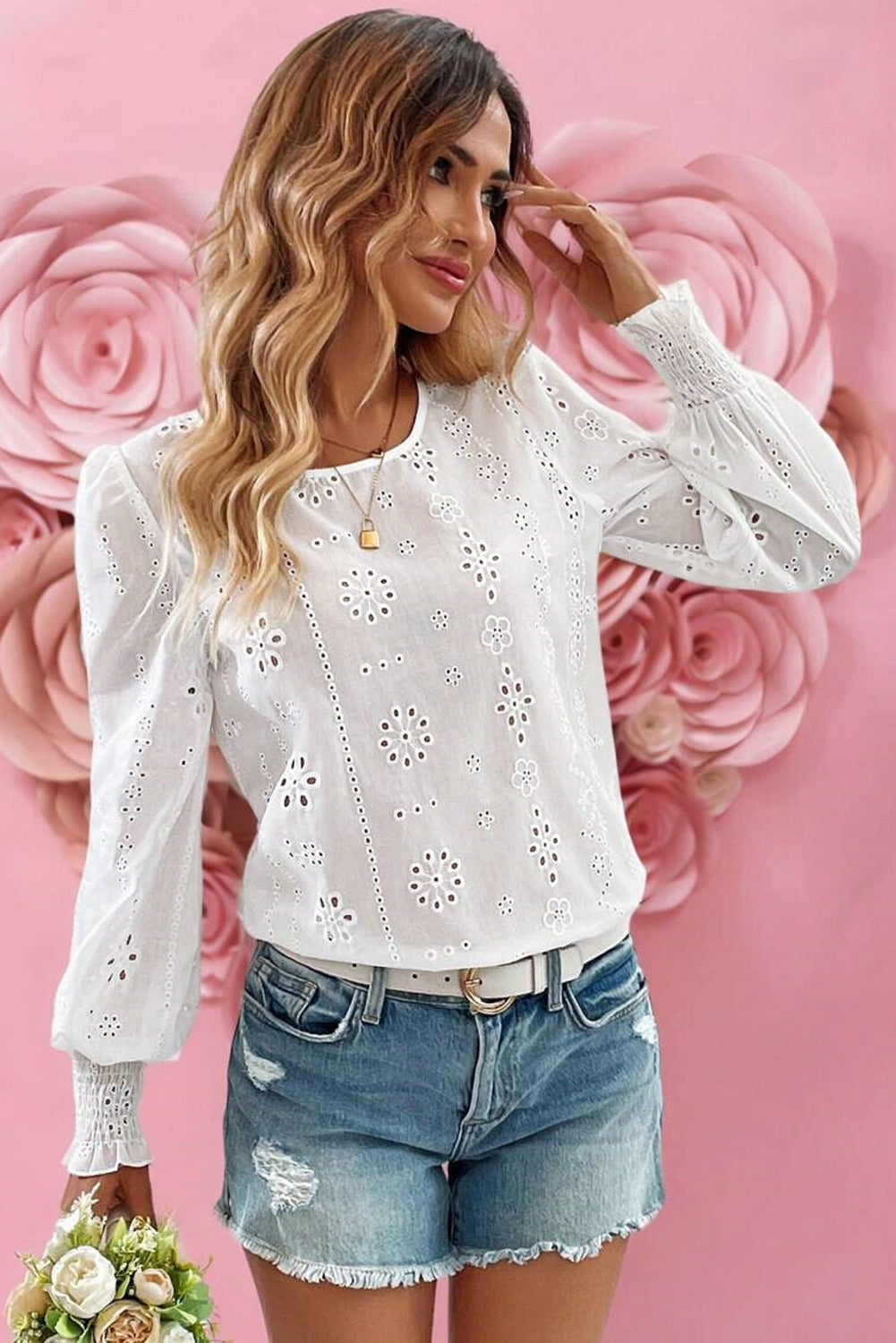 White Eyelet Embroidered Smocked Cuff Sheer Blouse-Tops/Blouses & Shirts-[Adult]-[Female]-2022 Online Blue Zone Planet