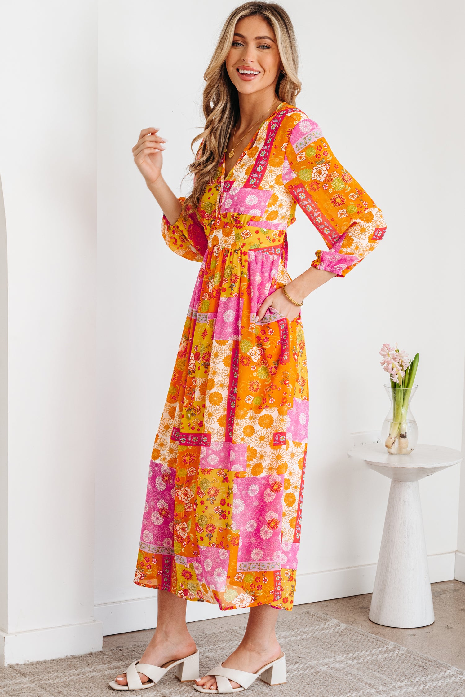 Orange Floral Patchwork Print Cut out Tied Back Bracelet Sleeve Maxi Dress-Bracelet-[Adult]-[Female]-2022 Online Blue Zone Planet
