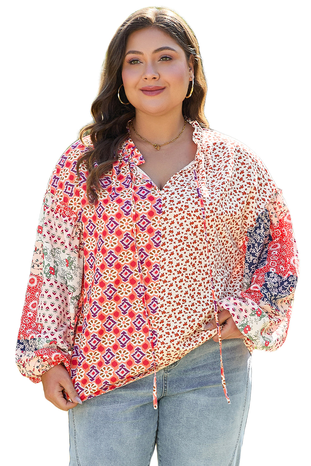 Blue Zone Planet | Orange Floral Geometric Patchwork Lace-up Crewneck Plus Size Blouse-Plus Size/Plus Size Tops/Plus Size Blouses & Shirts-[Adult]-[Female]-2022 Online Blue Zone Planet