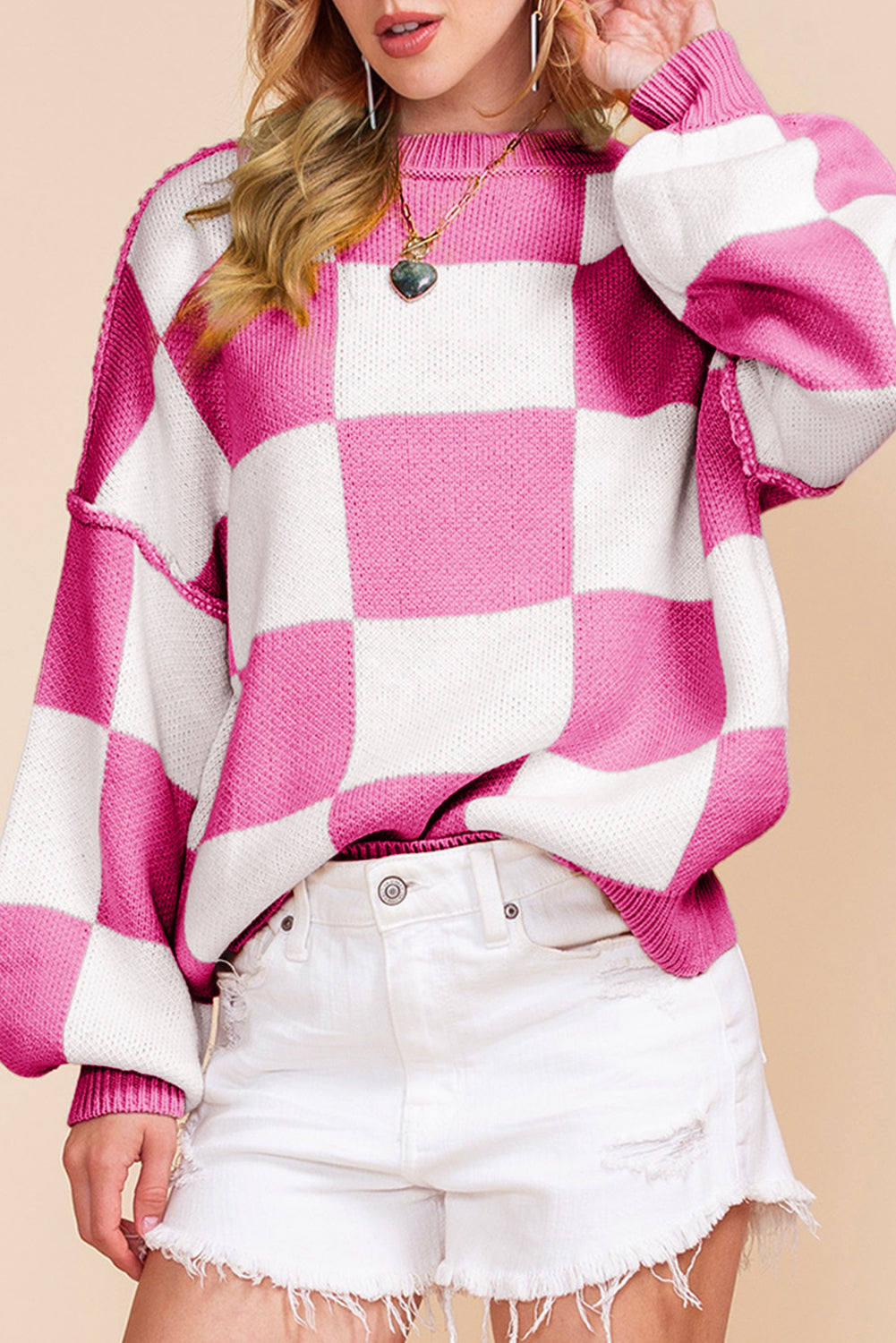 Blue Zone Planet | Pink Checked Bishop Sleeve Pullover Sweater-Sweaters-[Adult]-[Female]-2022 Online Blue Zone Planet