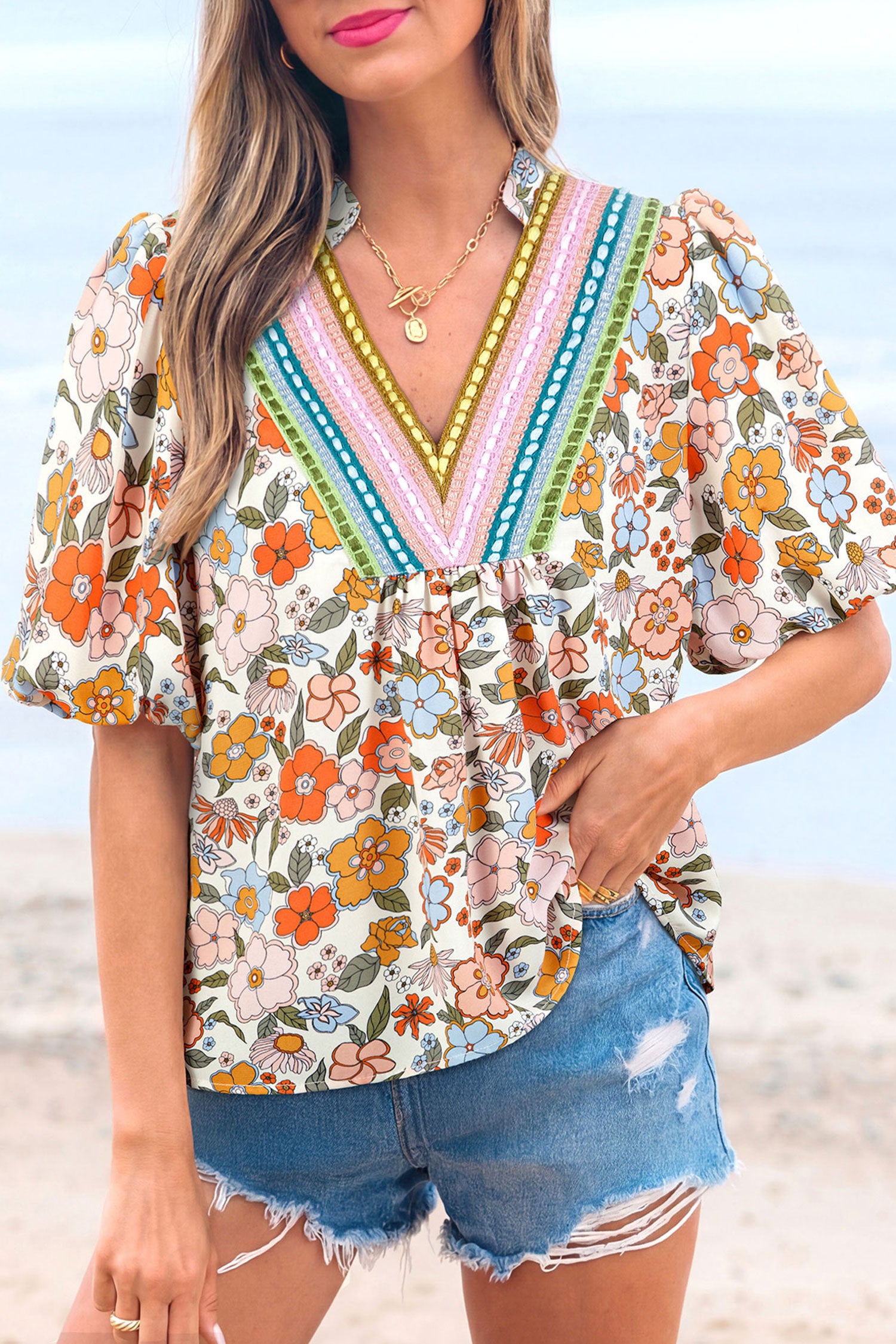 Multicolour Crochet V Neckline Puff Sleeve Boho Flower Blouse-Tops/Blouses & Shirts-[Adult]-[Female]-Multicolour-S-2022 Online Blue Zone Planet