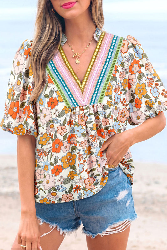 Multicolour Crochet V Neckline Puff Sleeve Boho Flower Blouse-Tops/Blouses & Shirts-[Adult]-[Female]-Multicolour-S-2022 Online Blue Zone Planet