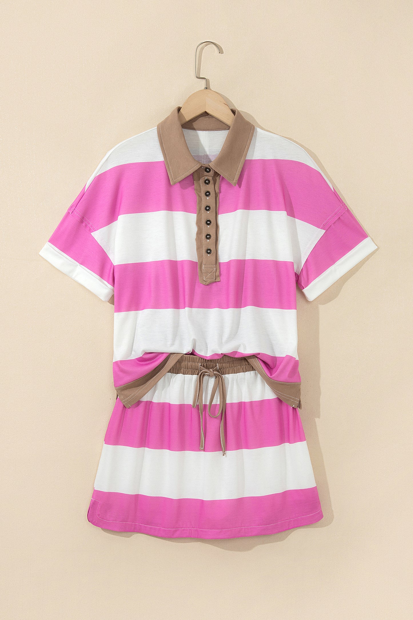 Rose Stripe Colorblock Trim Polo Tee Drawstring Mini Skirt 2pcs Set-Two Piece Sets/Two Piece Dresses-[Adult]-[Female]-2022 Online Blue Zone Planet
