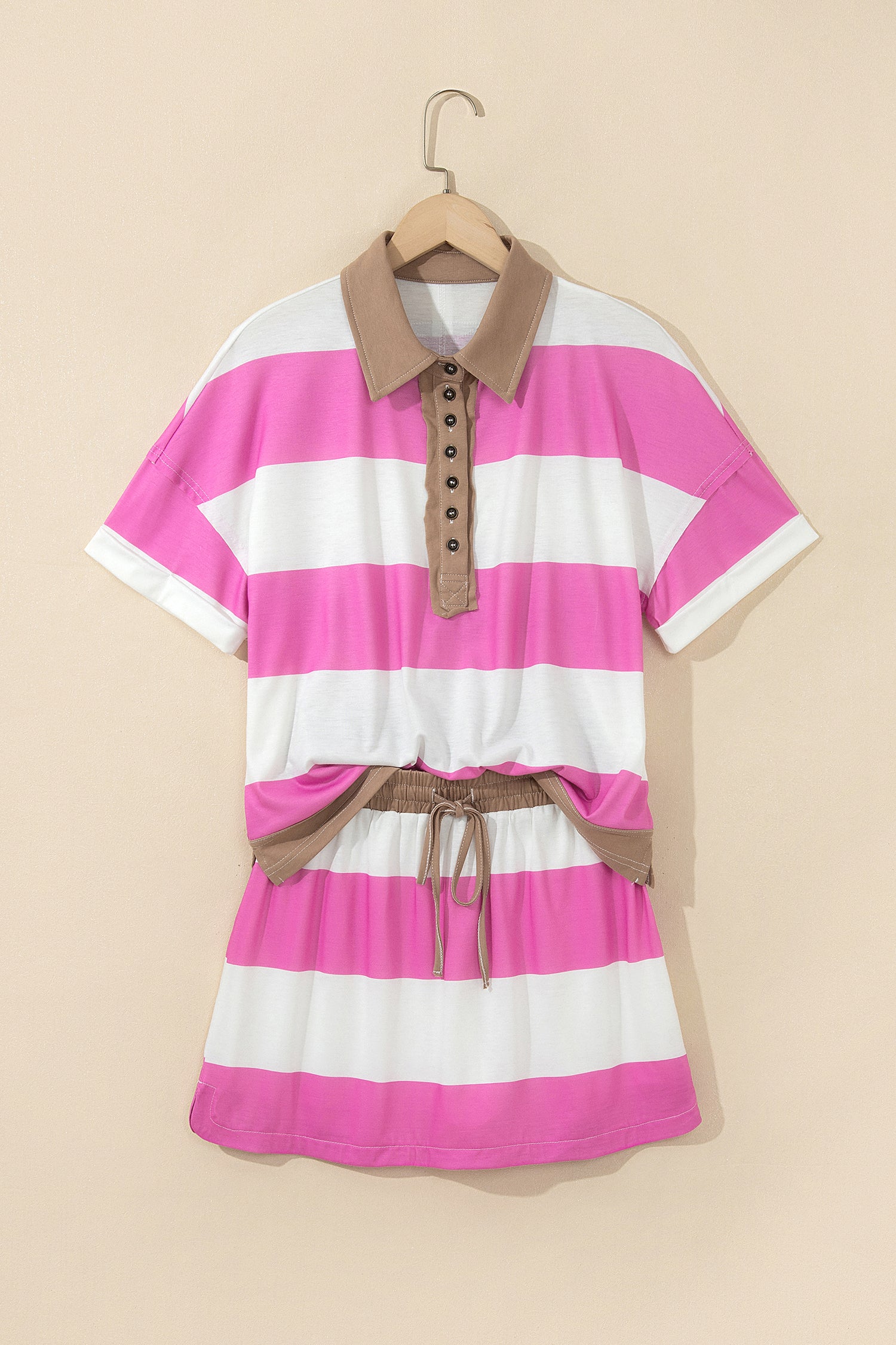Rose Stripe Colorblock Trim Polo Tee Drawstring Mini Skirt 2pcs Set-Two Piece Sets/Two Piece Dresses-[Adult]-[Female]-2022 Online Blue Zone Planet