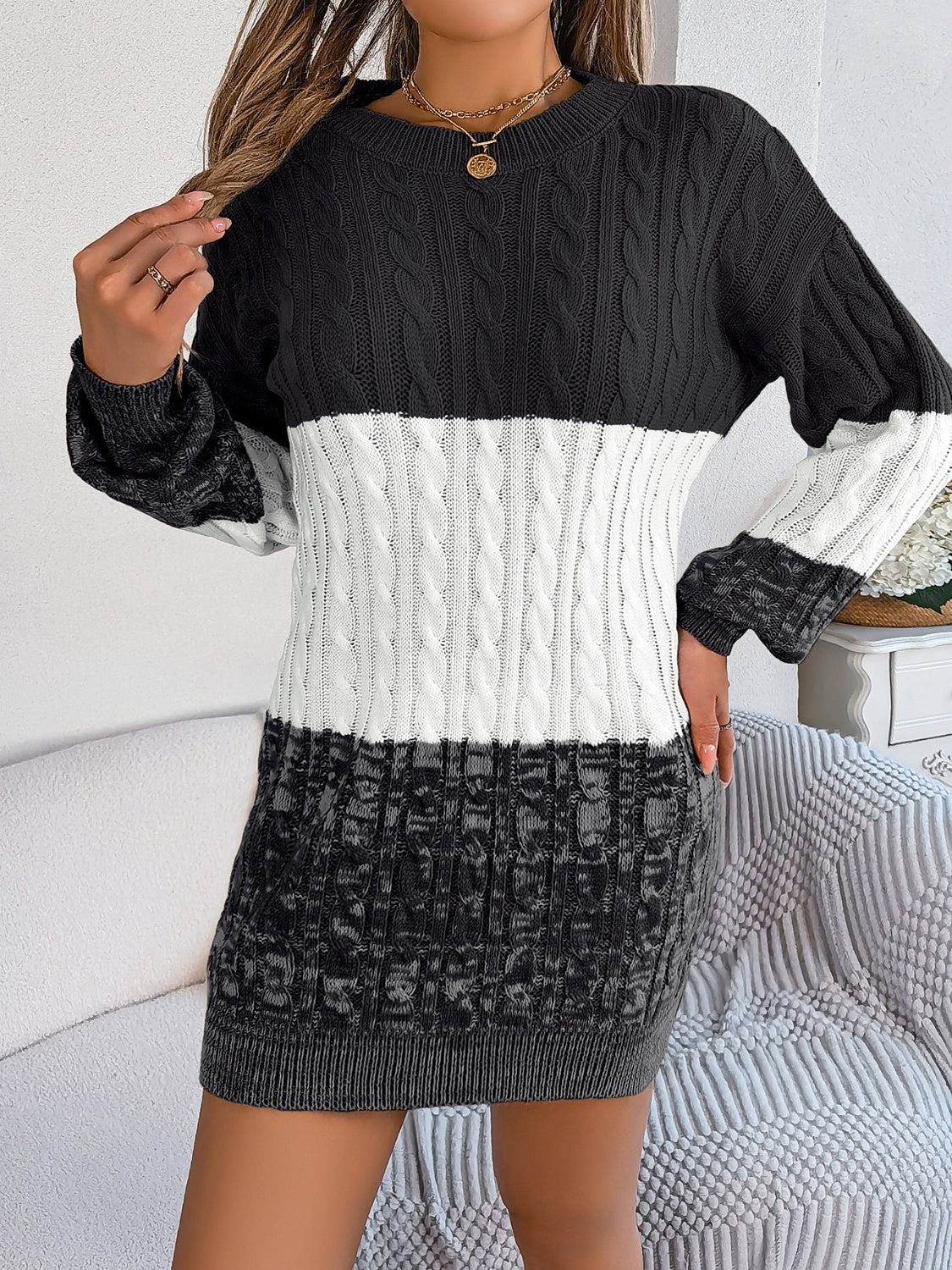 Cable-Knit Round Neck Color Block Sweater Dress-TOPS / DRESSES-[Adult]-[Female]-2022 Online Blue Zone Planet