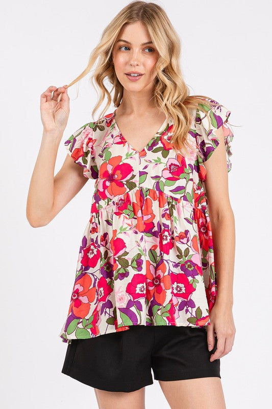 Mittoshop Floral V-Neck Ruffled Cap Sleeve Blouse-TOPS / DRESSES-[Adult]-[Female]-Red-S-2022 Online Blue Zone Planet