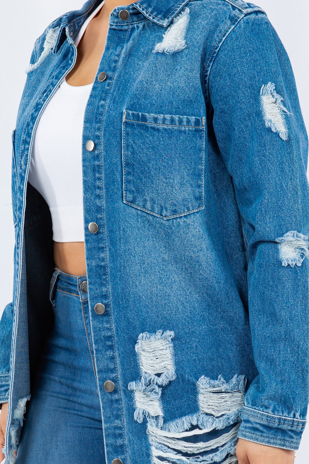 American Bazi Distressed Button Up Long Sleeve Denim Jacket-TOPS / DRESSES-[Adult]-[Female]-2022 Online Blue Zone Planet