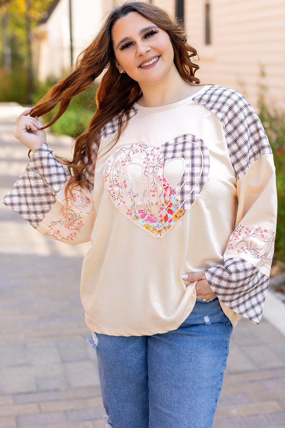 Beige Plaid Floral Peace Heart Graphic Wide Long Sleeve Top-Tops/Long Sleeve Tops-[Adult]-[Female]-2022 Online Blue Zone Planet