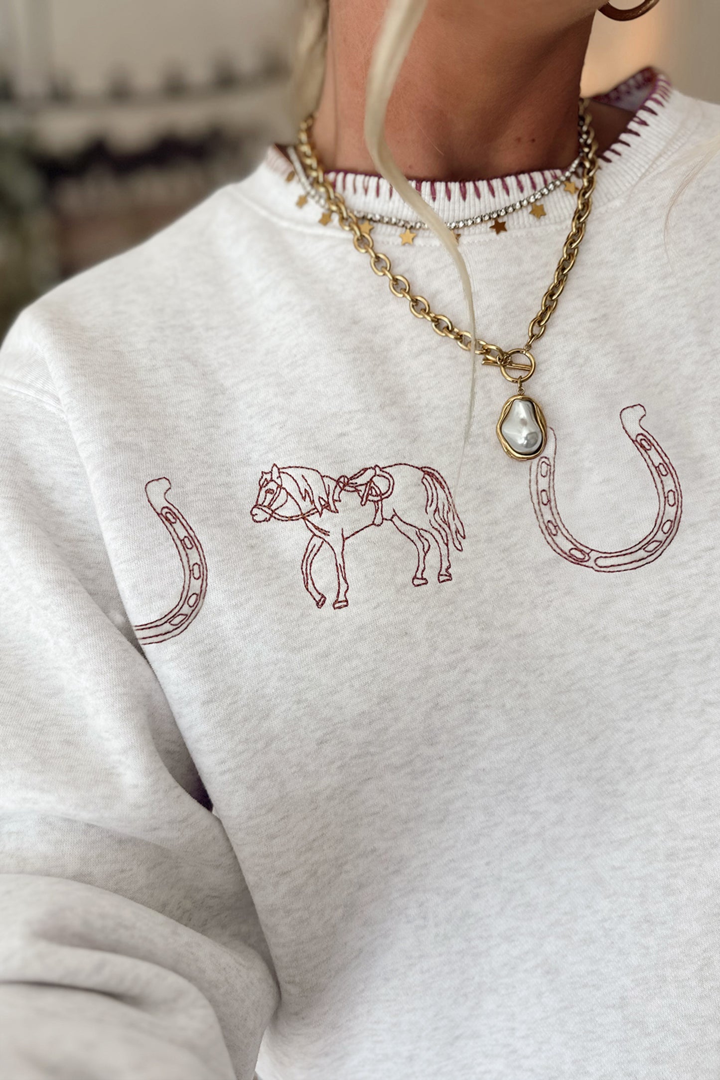 Light Grey Western Print Embroidered Casual Sweatshirt-Tops/Sweatshirts & Hoodies-[Adult]-[Female]-2022 Online Blue Zone Planet
