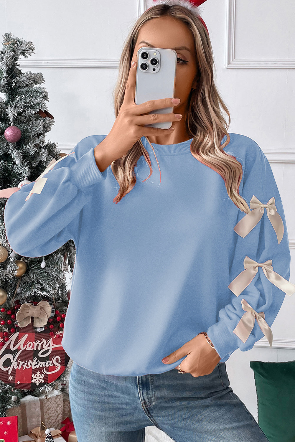 Myosotis Contrast Bow Decor Dropped Sleeve Crewneck Sweatshirt-Tops/Sweatshirts & Hoodies-[Adult]-[Female]-2022 Online Blue Zone Planet