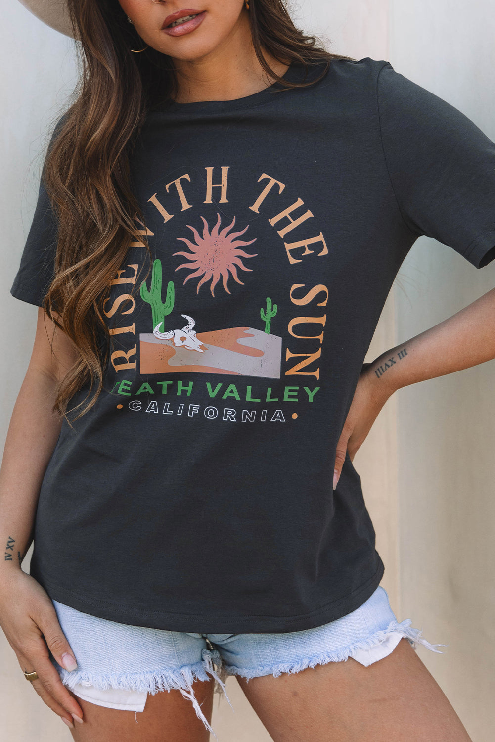 Dark Grey RISE WITH THE SUN Western Fashion Graphic Tee-Tops/Tops & Tees-[Adult]-[Female]-2022 Online Blue Zone Planet