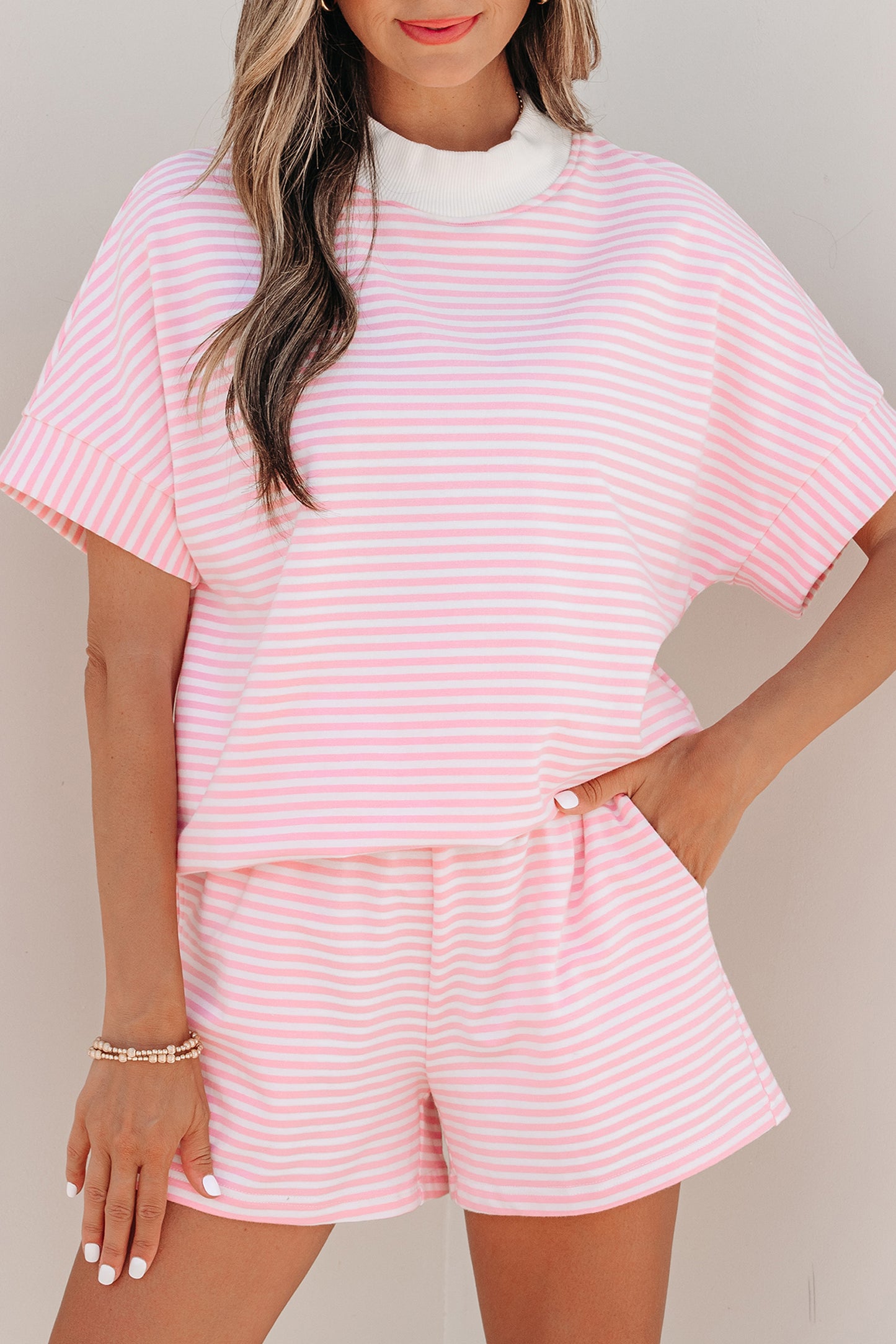 Pink Stripe Cuffed Sleeve Contrast Mock Neck Tee Casual 2pcs Short Set-Two Piece Sets/Short Sets-[Adult]-[Female]-2022 Online Blue Zone Planet