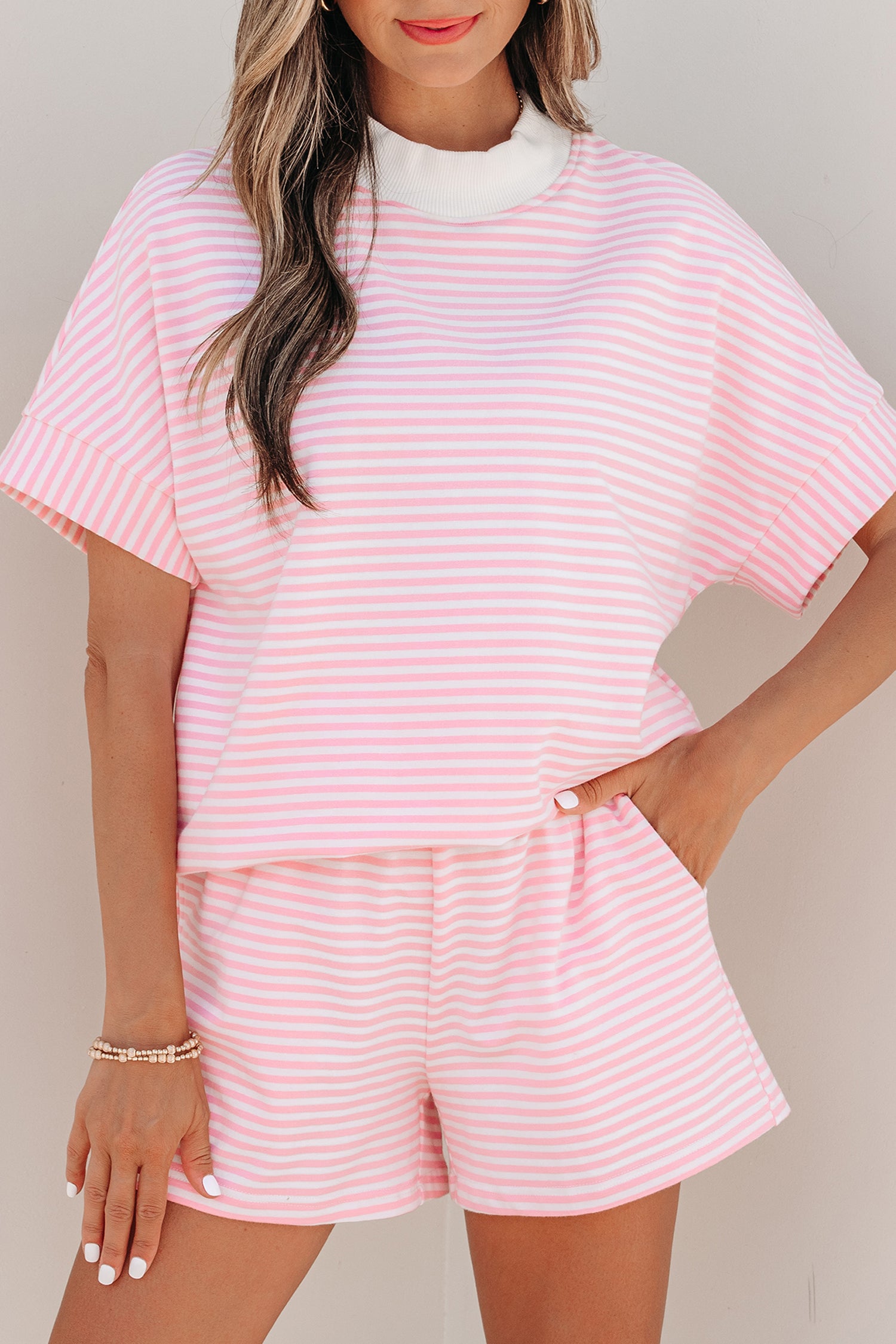 Pink Stripe Cuffed Sleeve Contrast Mock Neck Tee Casual 2pcs Short Set-Two Piece Sets/Short Sets-[Adult]-[Female]-2022 Online Blue Zone Planet