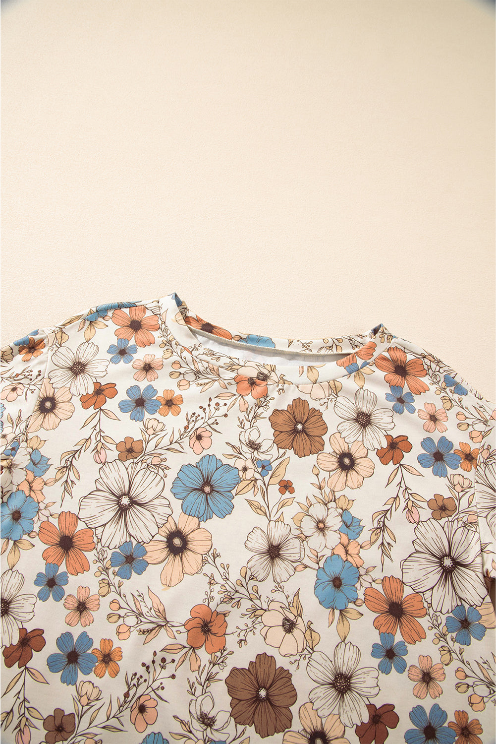 Blue Zone Planet | Khaki Floral Print Loose Crew Neck Long Sleeve T Shirt-Tops/Long Sleeve Tops-[Adult]-[Female]-2022 Online Blue Zone Planet