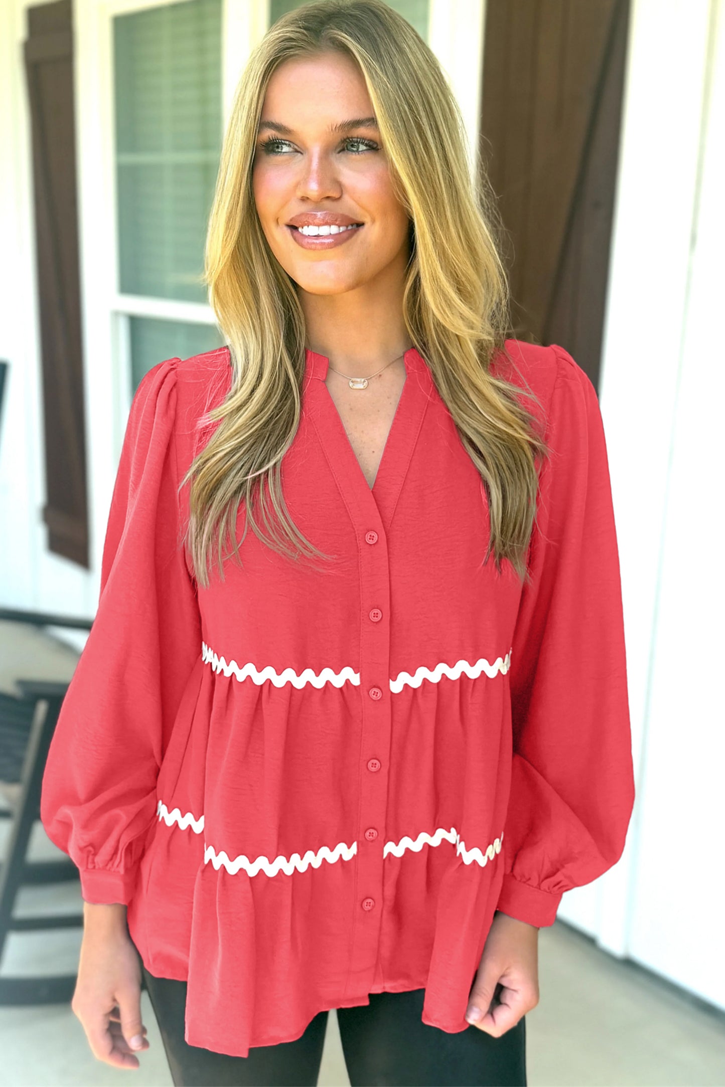 Coral Contrast Ricrac Trim V Neck Button Down Long Sleeve Shirt-Tops/Blouses & Shirts-[Adult]-[Female]-2022 Online Blue Zone Planet