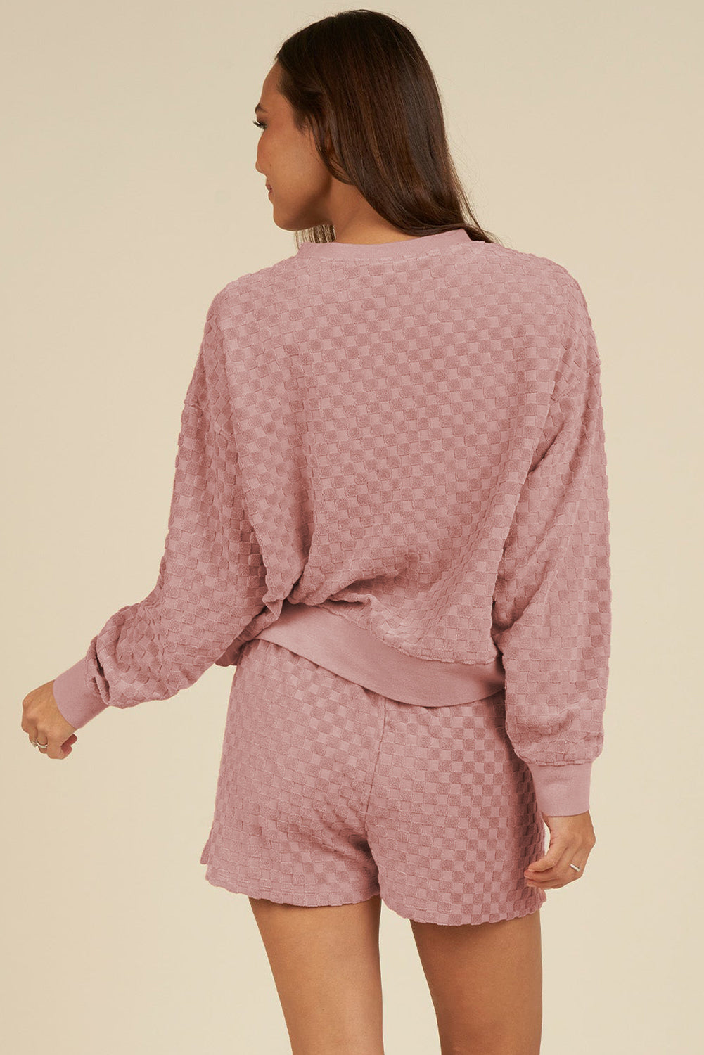 Blue Zone Planet | Blossom Checkered Textured Long Sleeve Top and Shorts Set-Two Piece Sets/Short Sets-[Adult]-[Female]-2022 Online Blue Zone Planet