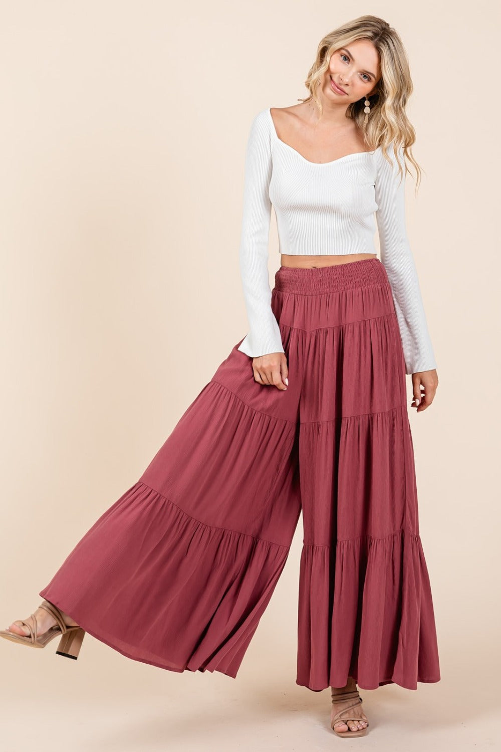 Mittoshop Tier Detail Smocked Elastic Waist Wide Leg Pants-[Adult]-[Female]-Sienna-S-2022 Online Blue Zone Planet