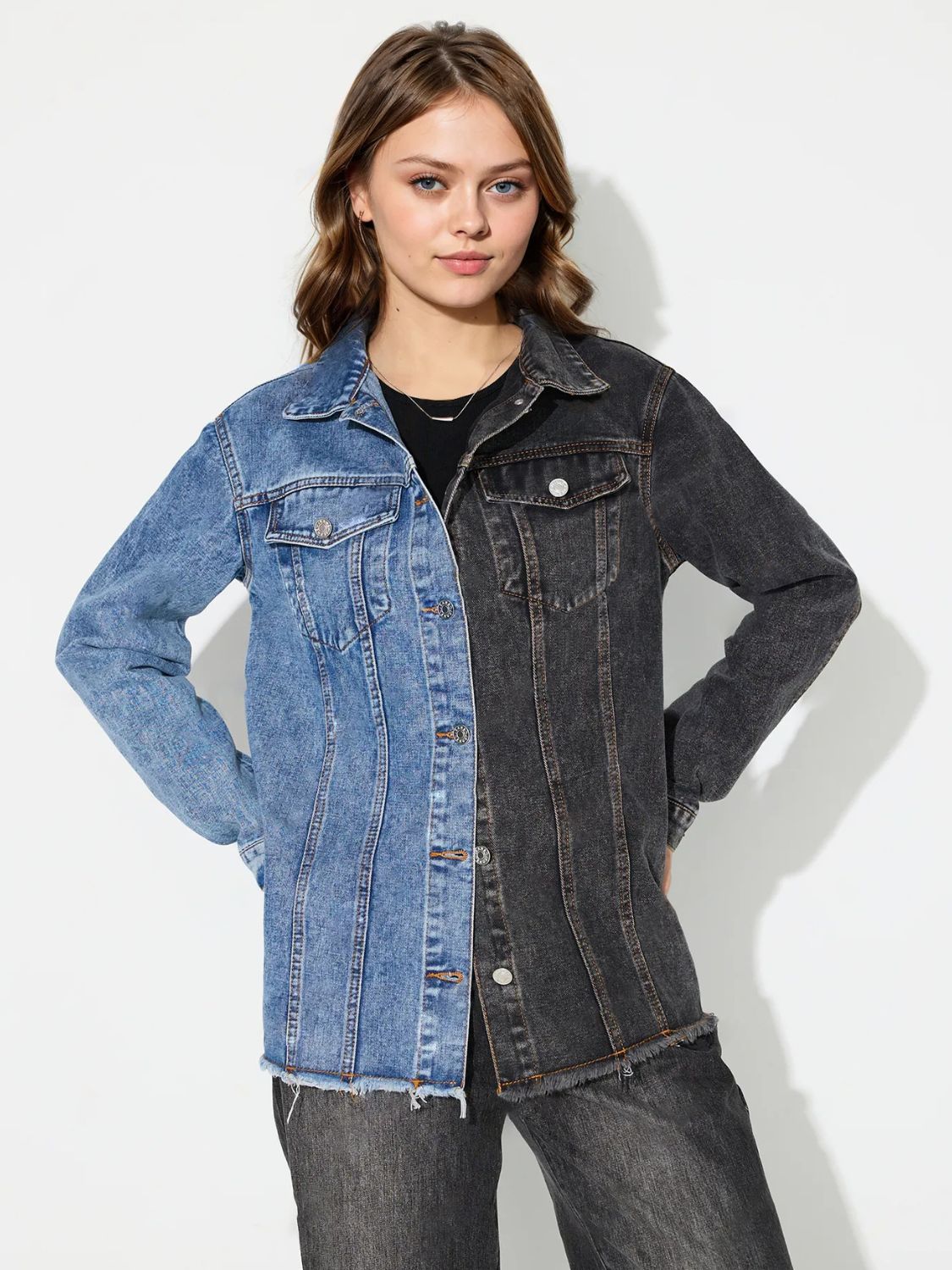 Raw Hem Contrast Collared Neck Denim Top-TOPS / DRESSES-[Adult]-[Female]-2022 Online Blue Zone Planet