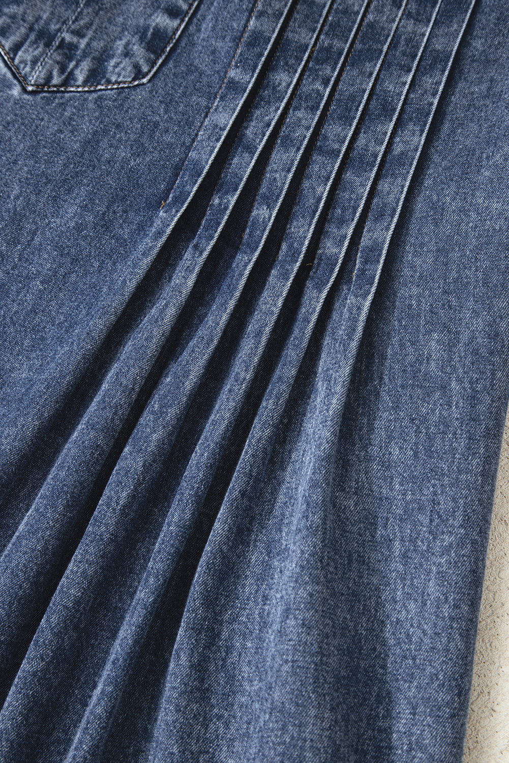 Sail Blue 3/4 Sleeve Tied V Neck Pleated Denim Mini Dress-TOPS / DRESSES-[Adult]-[Female]-2022 Online Blue Zone Planet