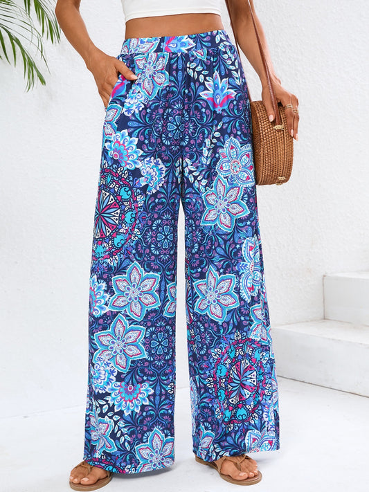 Blue Zone Planet | Geometric Wide Leg Pants with Pockets-BOTTOMS SIZES SMALL MEDIUM LARGE-[Adult]-[Female]-Blue-S-2022 Online Blue Zone Planet