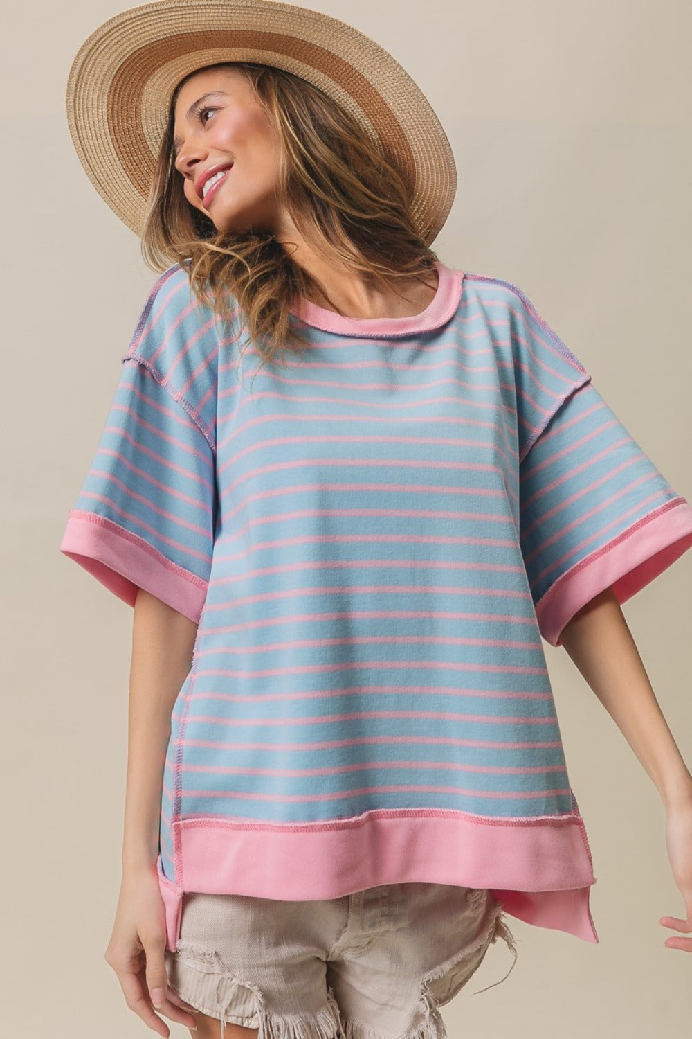 BiBi Exposed Seam Stripe Contrast T-Shirt-TOPS / DRESSES-[Adult]-[Female]-2022 Online Blue Zone Planet