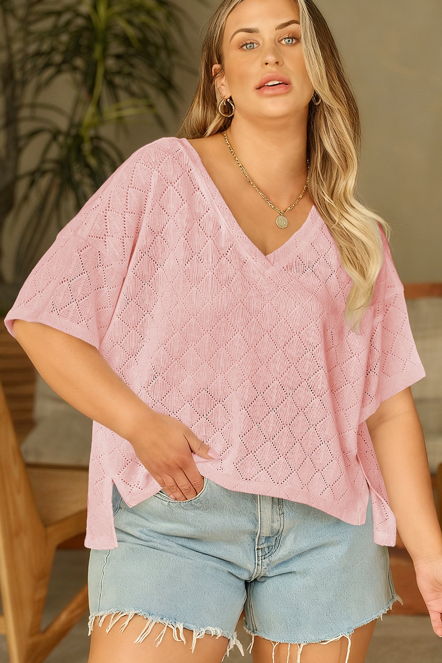 Light Pink Pointelle Rhombus Knit Plus Size V Neck Loose Top-Plus Size/Plus Size Tops/Plus Size Tops & Tees-[Adult]-[Female]-2022 Online Blue Zone Planet