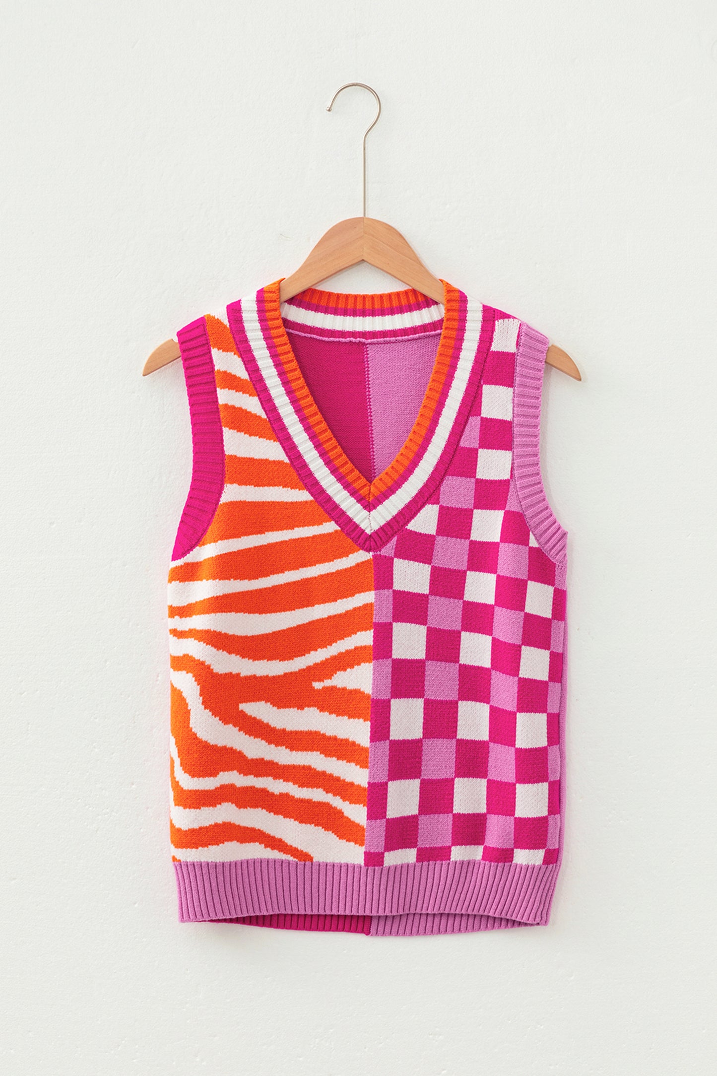 Yellow Striped Checkered Contrast Patchwork V Neck Sweater Vest-TOPS / DRESSES-[Adult]-[Female]-2022 Online Blue Zone Planet