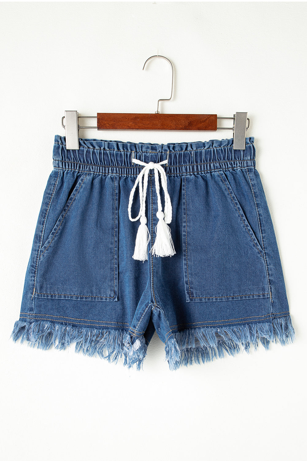 Blue Zone Planet | Ashleigh Blue Raw Hem Drawstring High Waist Denim Shorts with Pockets-Bottoms/Denim Shorts-[Adult]-[Female]-2022 Online Blue Zone Planet