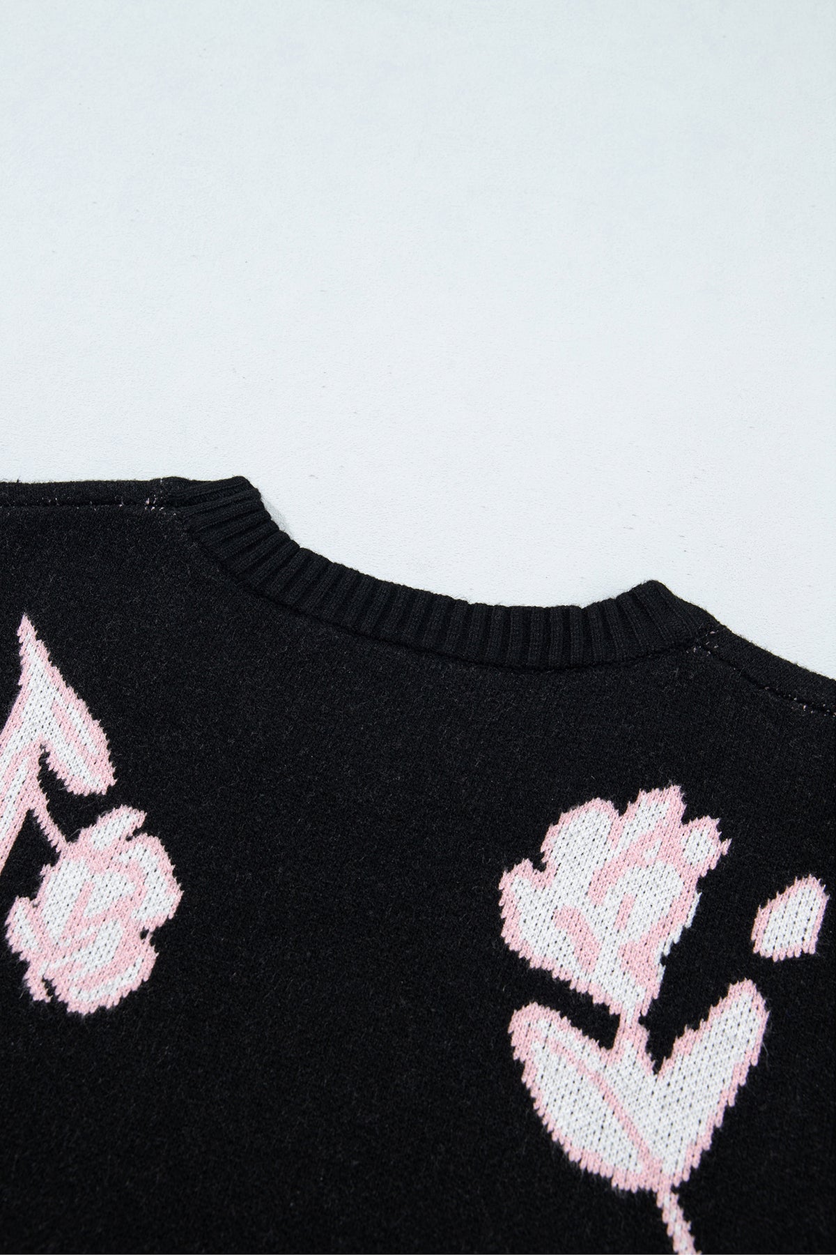 Black Floral Pattern Puff Sleeve Dropped Shoulder Pullover Sweater-Sweaters & Cardigans/Sweaters-[Adult]-[Female]-2022 Online Blue Zone Planet