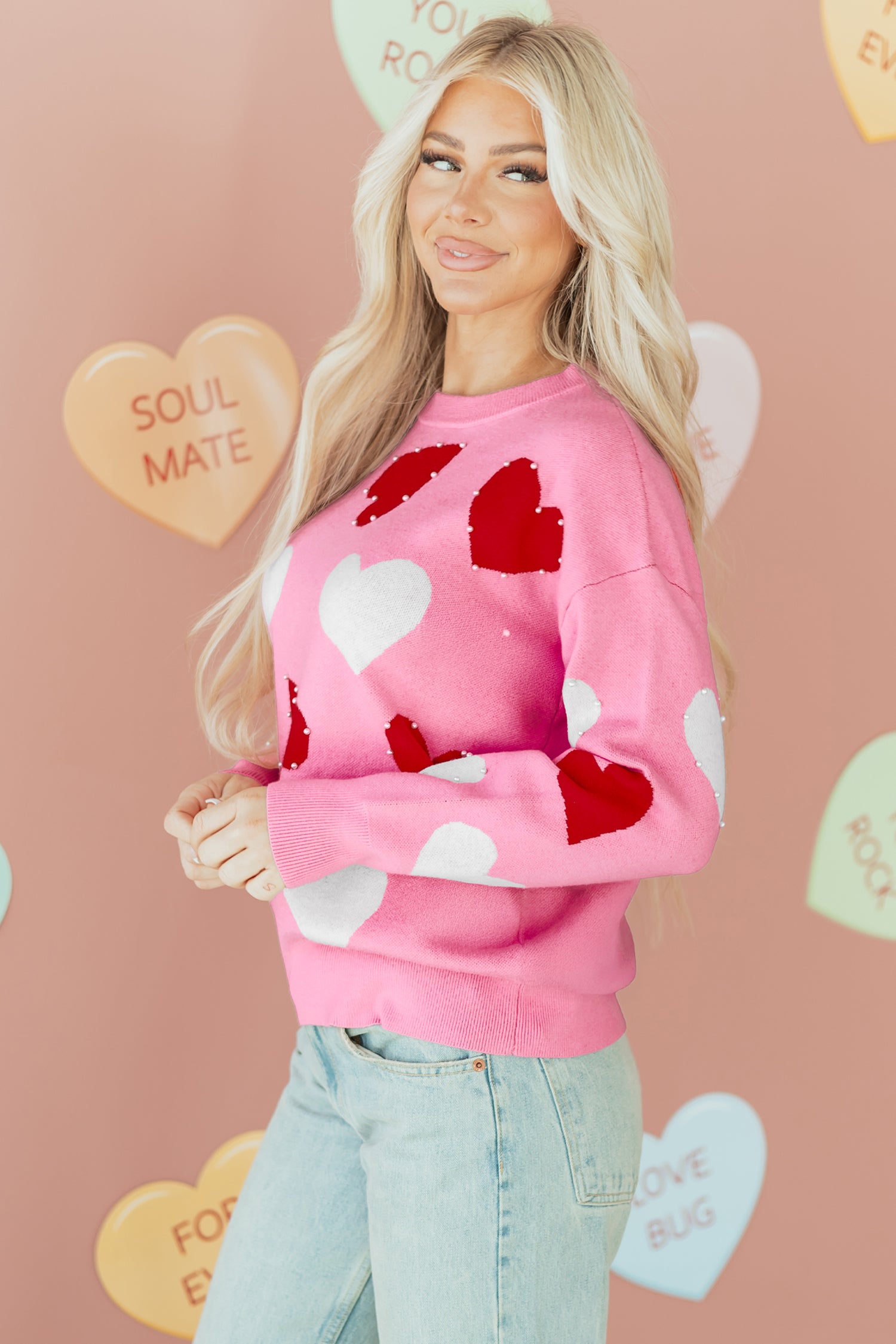 Pink Pearl Embellished Heart Pattern Valentines Day Sweater-TOPS / DRESSES-[Adult]-[Female]-2022 Online Blue Zone Planet