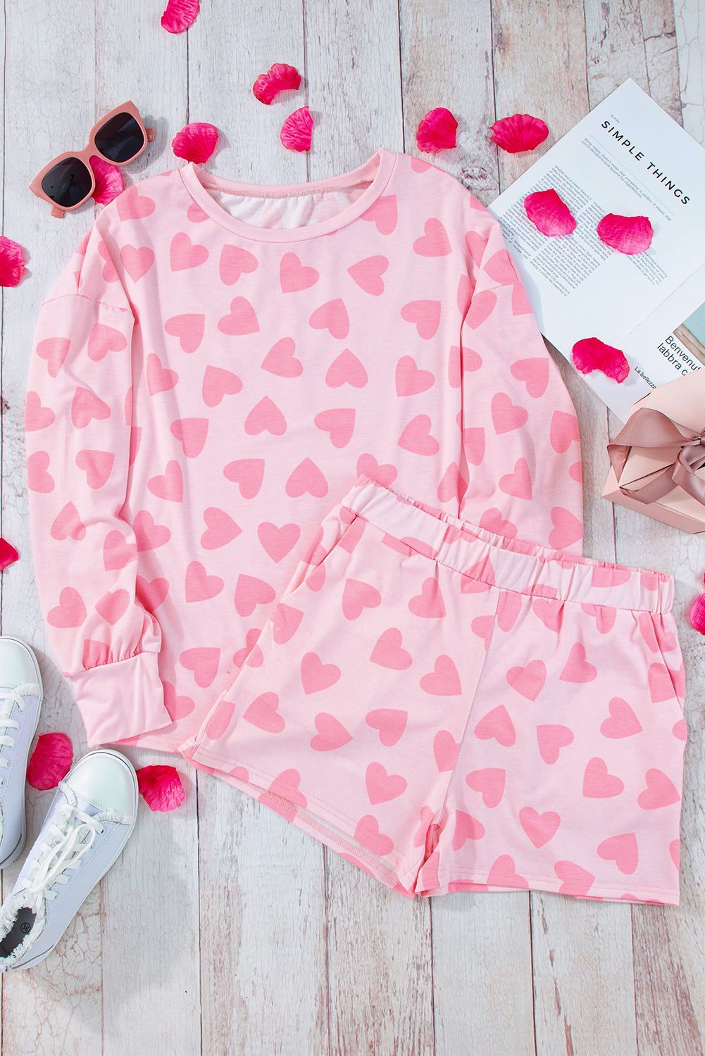 Pink Heart Print Long Sleeve Top And Shorts Loungewear Set
