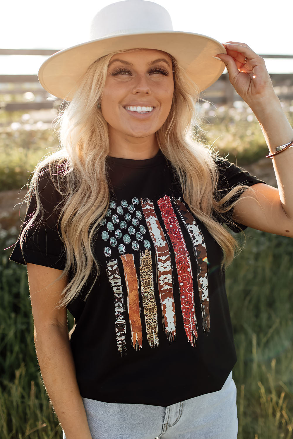 Black Western American Flag Graphic Tee-Graphic/Graphic Tees-[Adult]-[Female]-2022 Online Blue Zone Planet